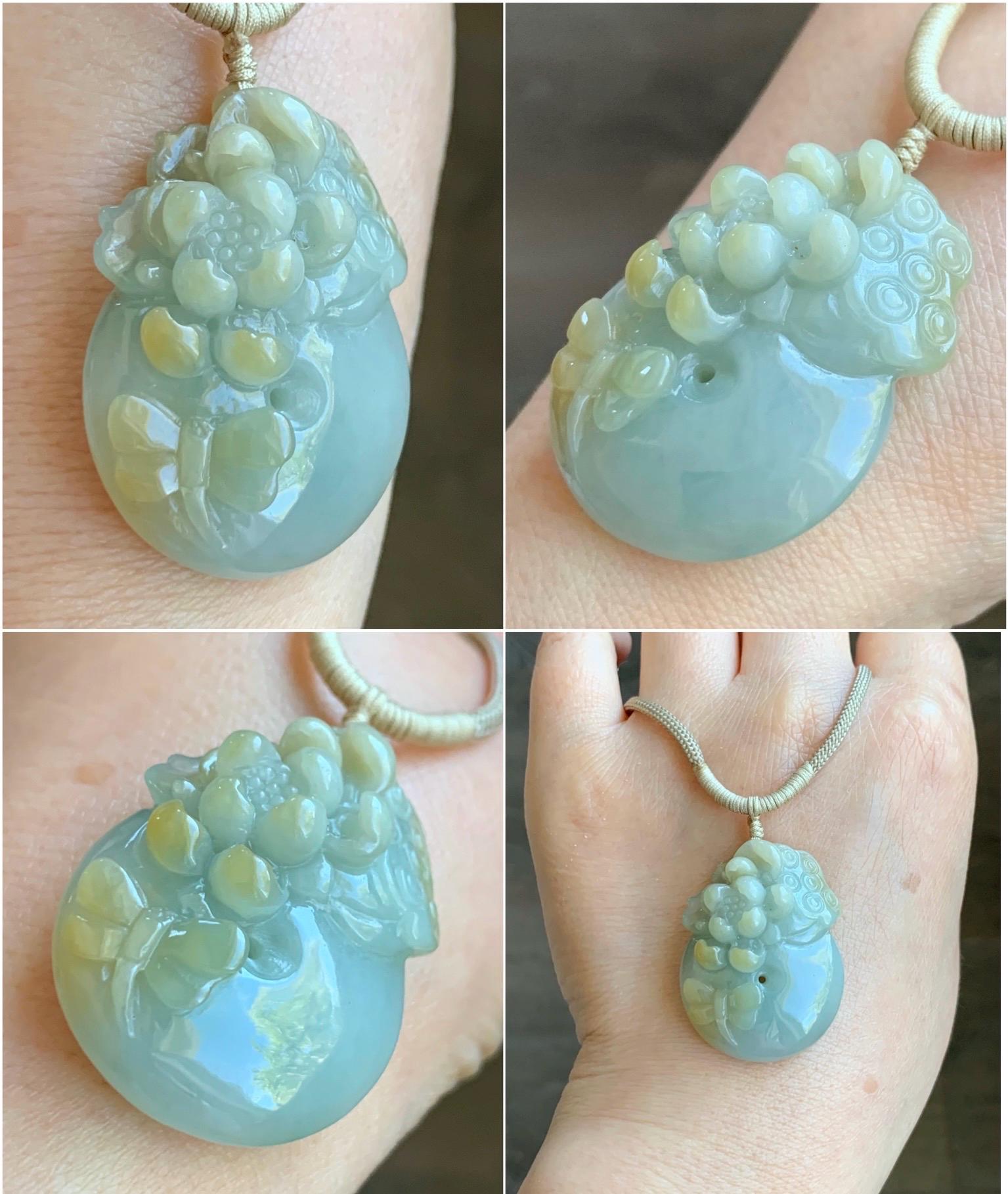 Natural Grade A Icy Translucent Pastel Blue Yellow Marbled Jadeite Lotus Flower Ping An Kou Donut Pendant Rope Necklace 天然冰浅蓝飘黄翡翠莲花莲蓬平安扣吊坠