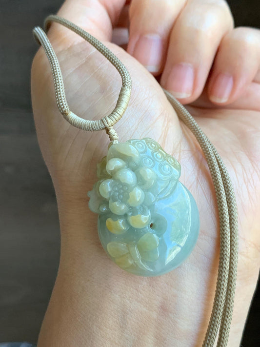 Natural Grade A Icy Translucent Pastel Blue Yellow Marbled Jadeite Lotus Flower Ping An Kou Donut Pendant Rope Necklace 天然冰浅蓝飘黄翡翠莲花莲蓬平安扣吊坠