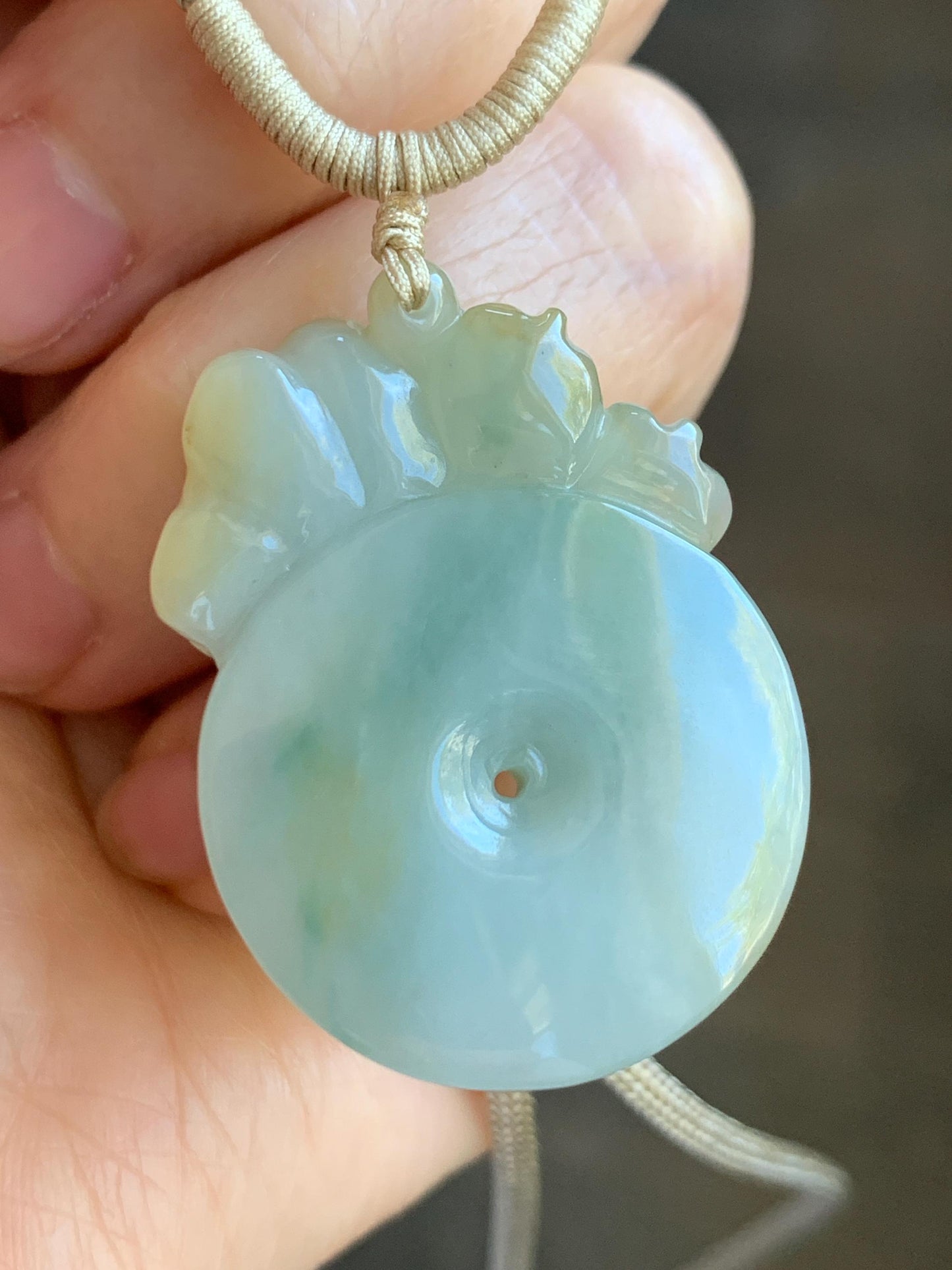 Natural Grade A Icy Translucent Pastel Blue Yellow Marbled Jadeite Lotus Flower Ping An Kou Donut Pendant Rope Necklace 天然冰浅蓝飘黄翡翠莲花莲蓬平安扣吊坠