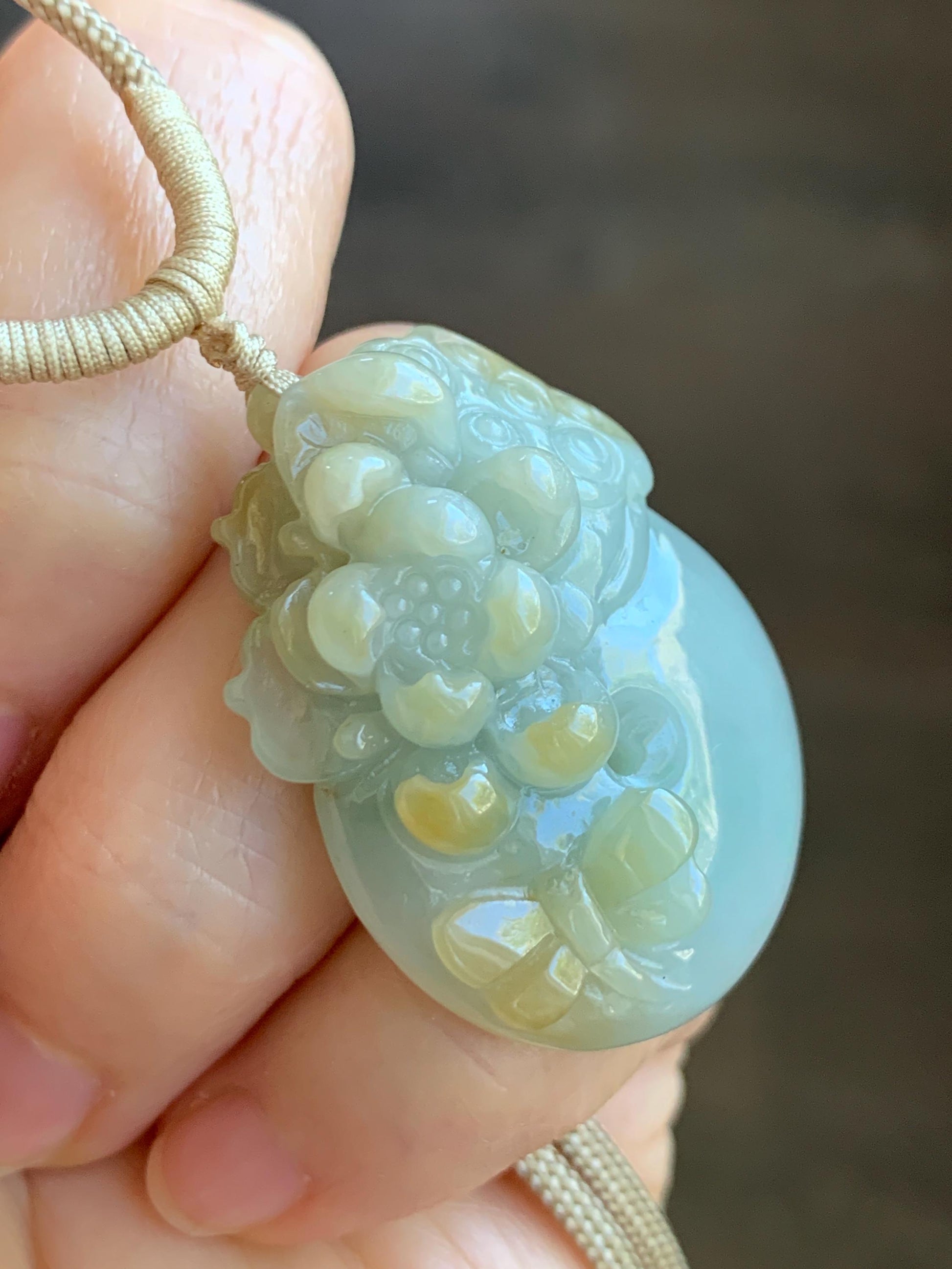 Natural Grade A Icy Translucent Pastel Blue Yellow Marbled Jadeite Lotus Flower Ping An Kou Donut Pendant Rope Necklace 天然冰浅蓝飘黄翡翠莲花莲蓬平安扣吊坠