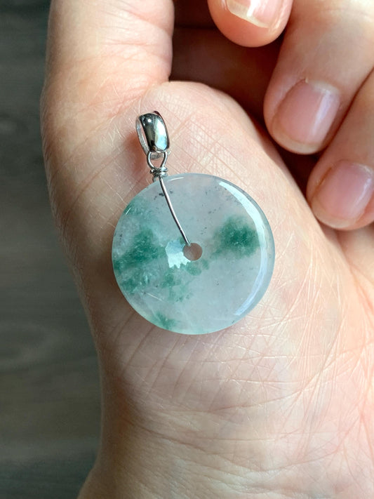 Natural Grade A Icy Highly Translucent Green Marbled Jade Jadeite Ping An Kou Donut Pendant Sterling Silver 4g 天然冰透飘花翡翠平安扣吊坠 MPH168