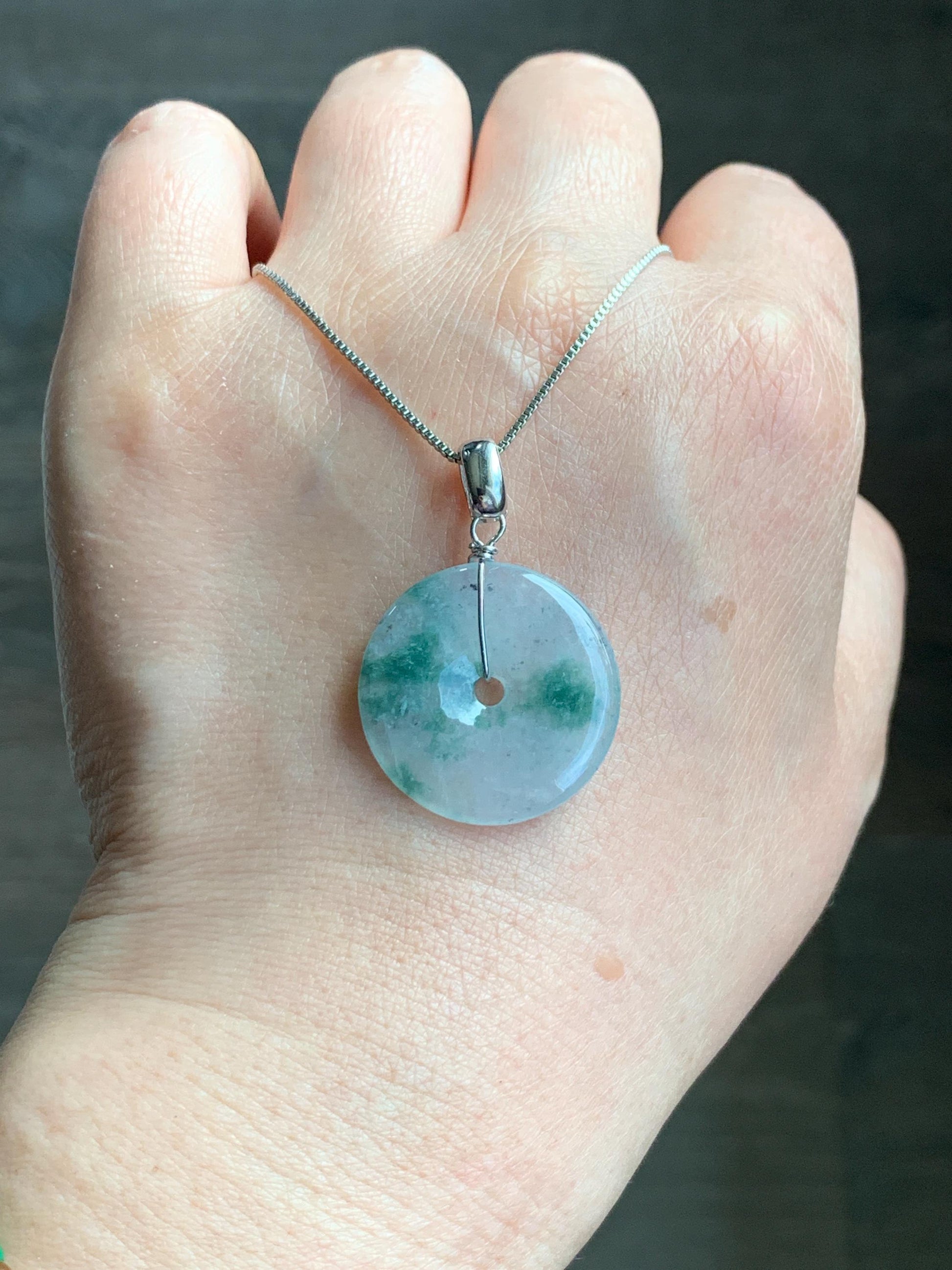 Natural Grade A Icy Highly Translucent Green Marbled Jade Jadeite Ping An Kou Donut Pendant Sterling Silver 4g 天然冰透飘花翡翠平安扣吊坠 MPH168
