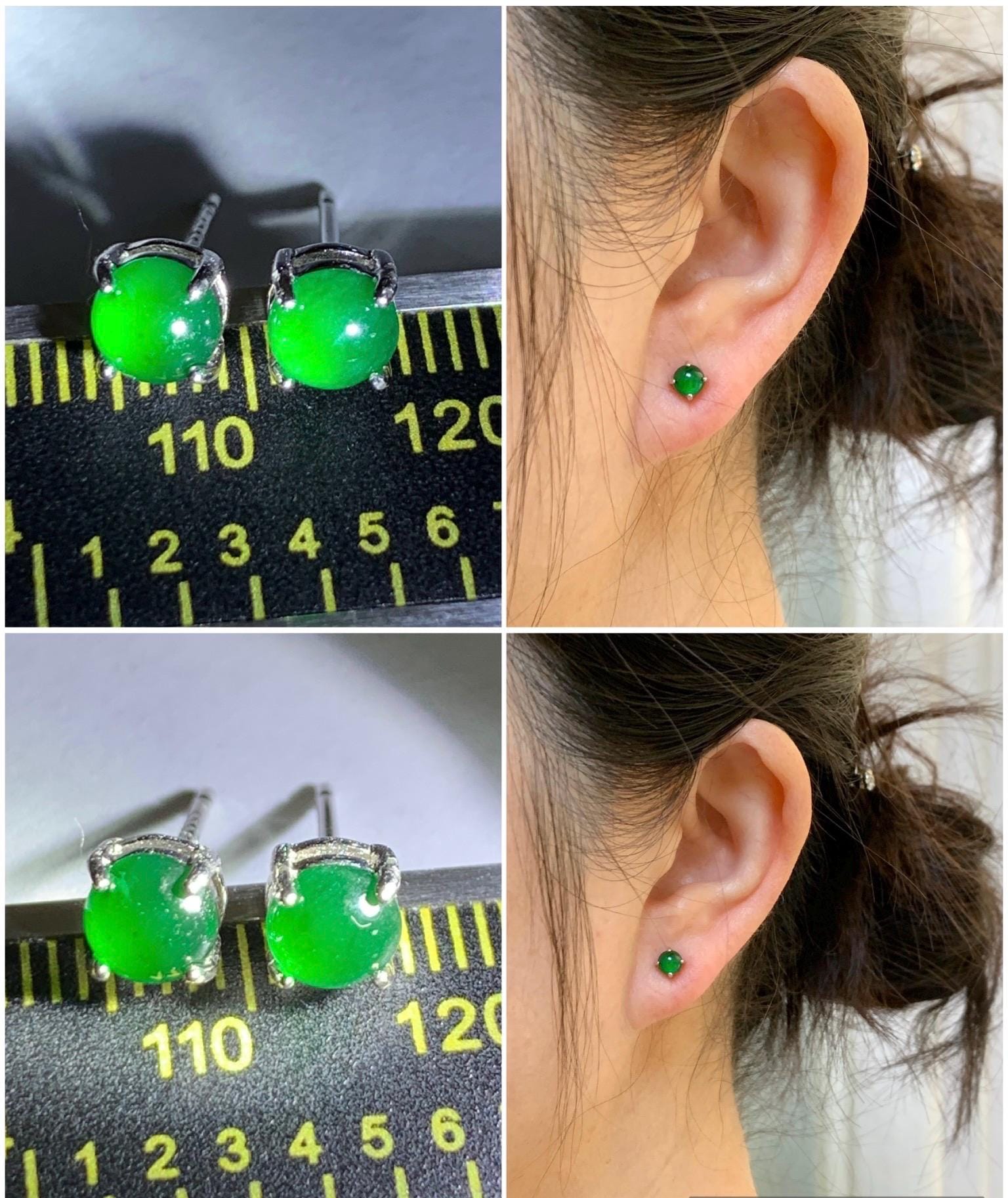 Petite Natural Grade A Guatemalan Icy Translucent Vibrant Green Jade Jadeite Round Stud Earrings Sterling Silver 4.8mm 天然冰危绿翡翠小圆蛋面银镶耳钉 XYW50