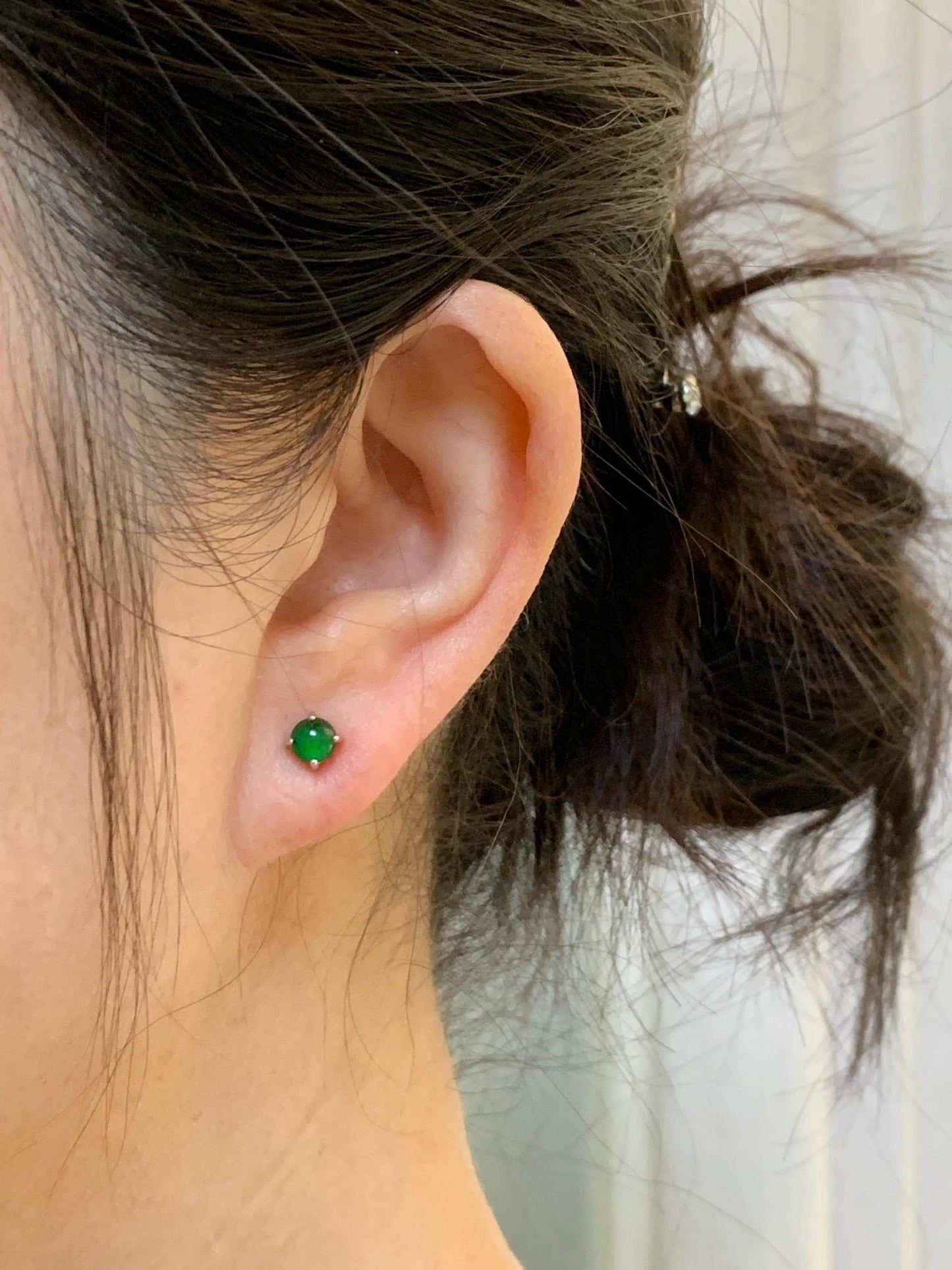 Petite Natural Grade A Guatemalan Icy Translucent Vibrant Green Jade Jadeite Round Stud Earrings Sterling Silver 4.8mm 天然冰危绿翡翠小圆蛋面银镶耳钉 XYW50