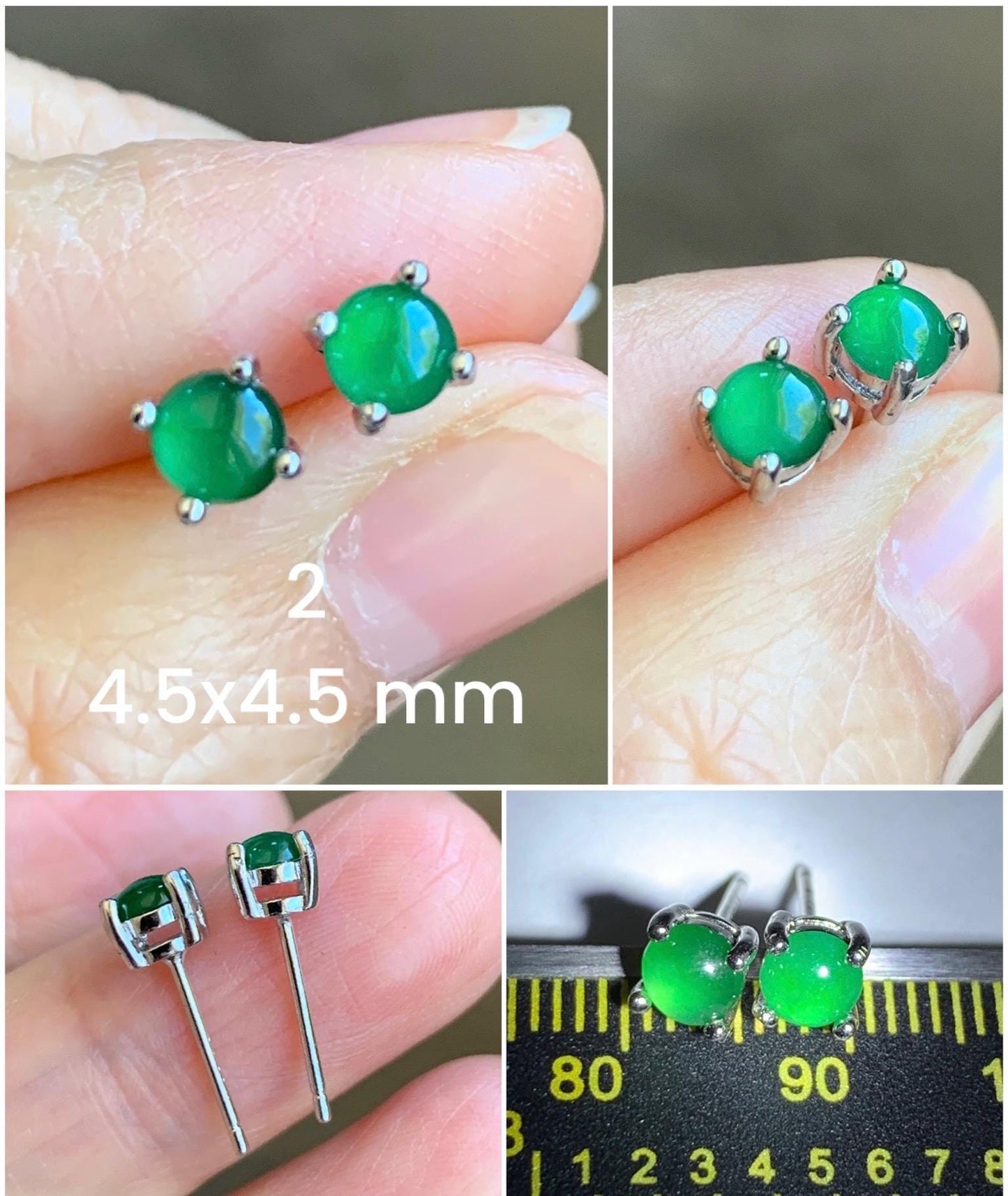 Petite Natural Grade A Guatemalan Icy Translucent Vibrant Green Jade Jadeite Round Stud Earrings Sterling Silver 天然冰危绿翡翠小圆蛋面银镶耳钉 XYW33
