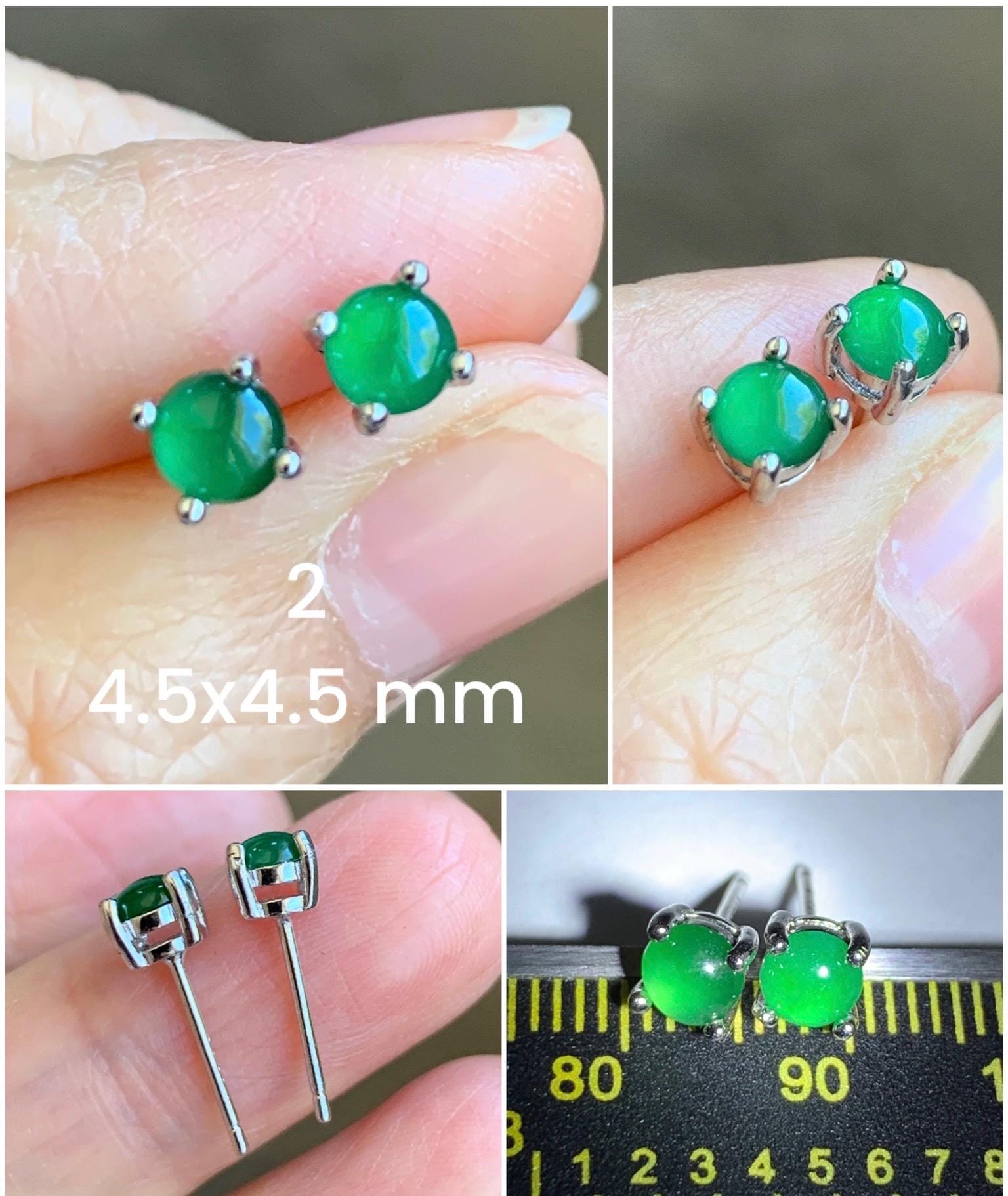 Petite Natural Grade A Guatemalan Icy Translucent Vibrant Green Jade Jadeite Round Stud Earrings Sterling Silver 天然冰危绿翡翠小圆蛋面银镶耳钉 XYW33