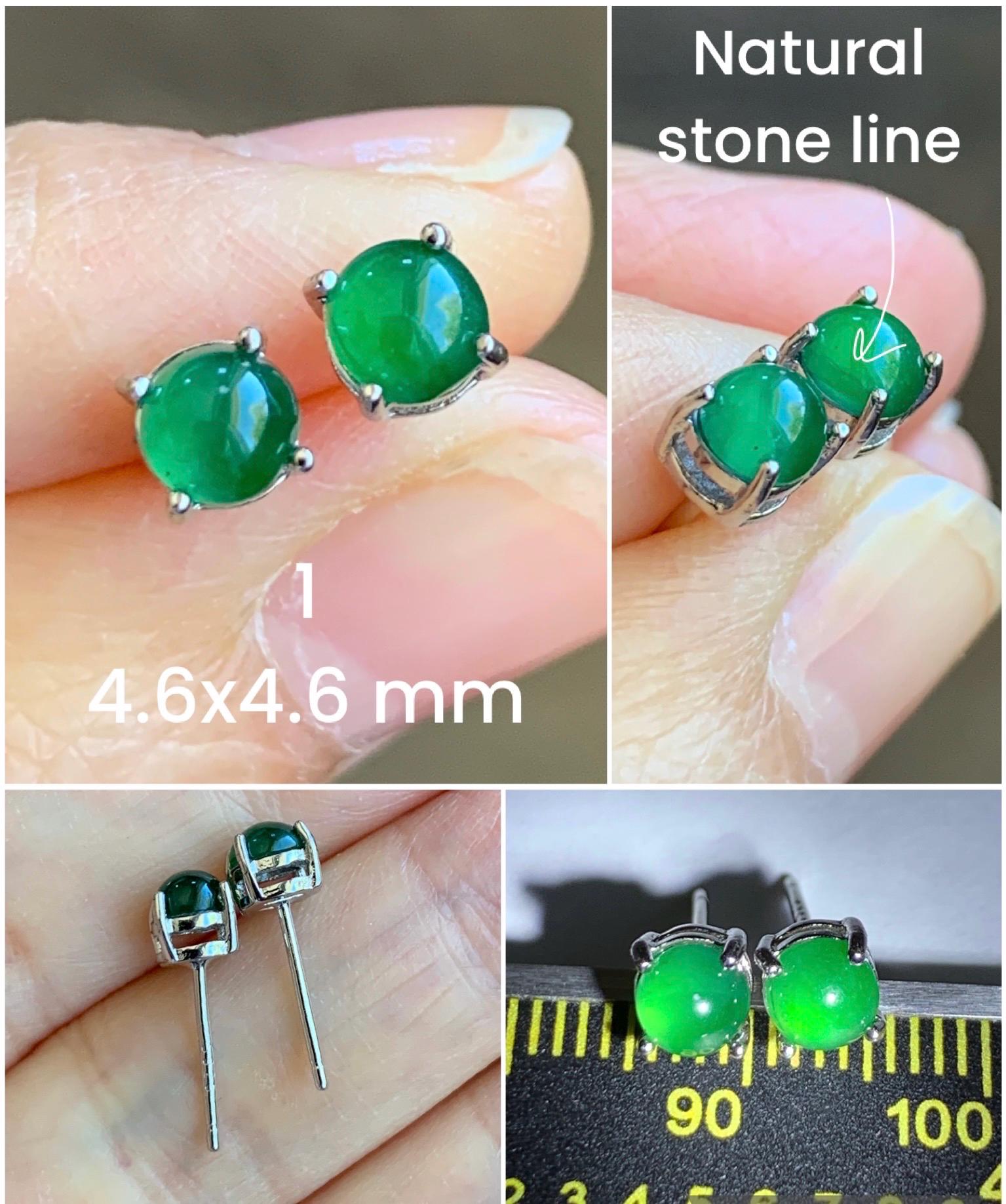 Petite Natural Grade A Guatemalan Icy Translucent Vibrant Green Jade Jadeite Round Stud Earrings Sterling Silver 天然冰危绿翡翠小圆蛋面银镶耳钉 XYW33