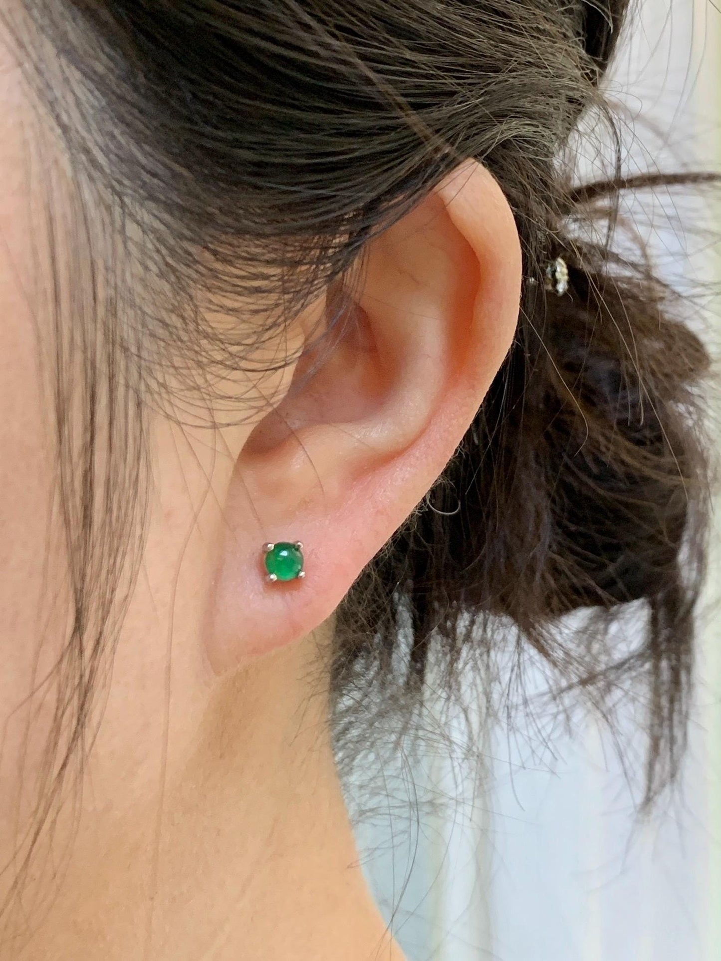 Petite Natural Grade A Guatemalan Icy Translucent Vibrant Green Jade Jadeite Round Stud Earrings Sterling Silver 天然冰危绿翡翠小圆蛋面银镶耳钉 XYW33