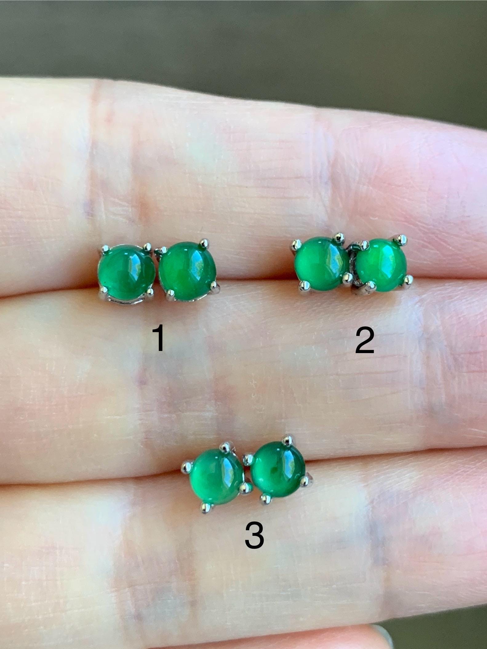 Petite Natural Grade A Guatemalan Icy Translucent Vibrant Green Jade Jadeite Round Stud Earrings Sterling Silver 天然冰危绿翡翠小圆蛋面银镶耳钉 XYW33