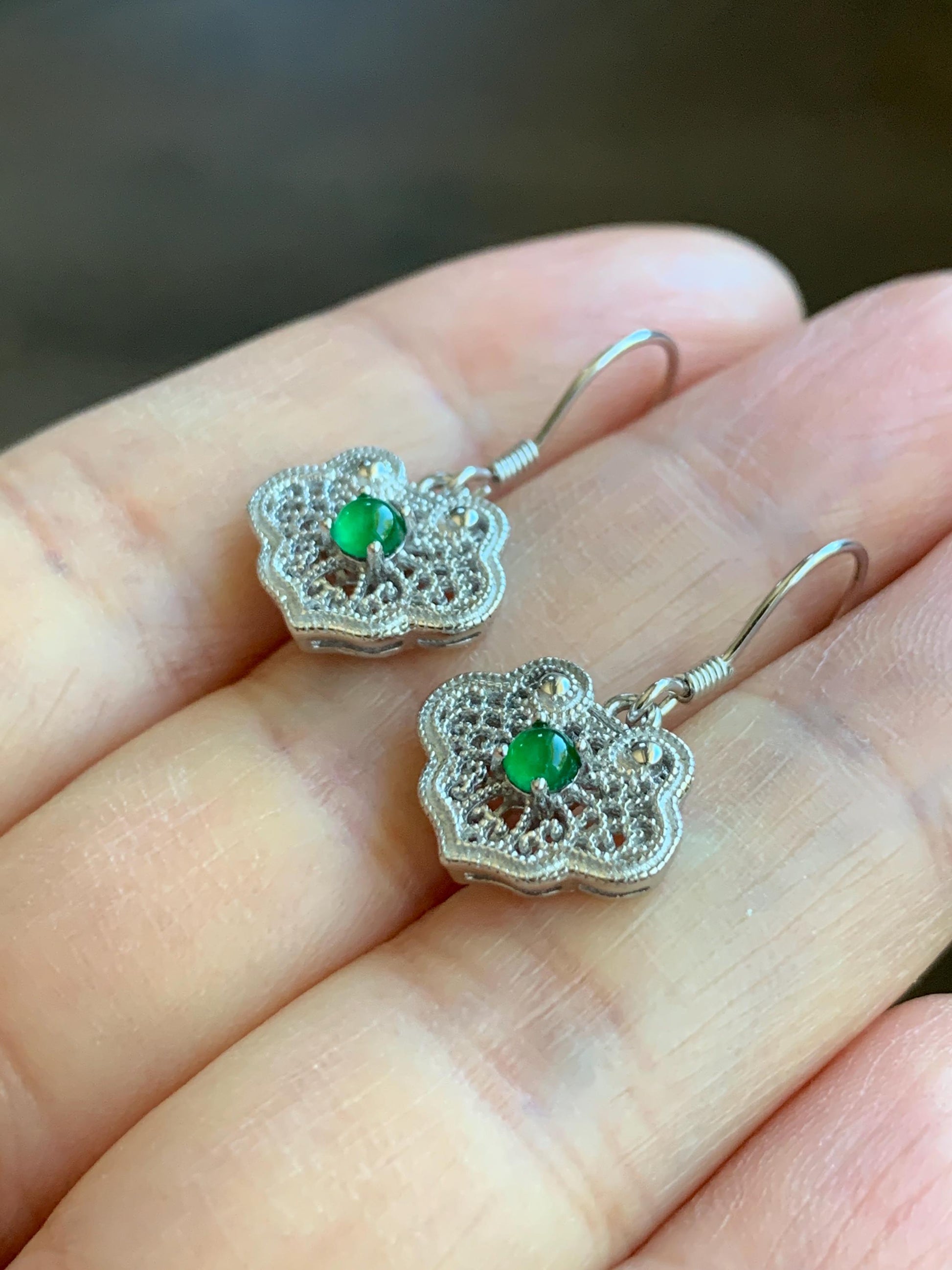 Natural Grade A Guatemalan Icy Translucent Vibrant Green Jade Jadeite Ruyi Dangle Earrings Sterling Silver 天然冰危绿翡翠蛋面如意银镶耳钩 LRY59