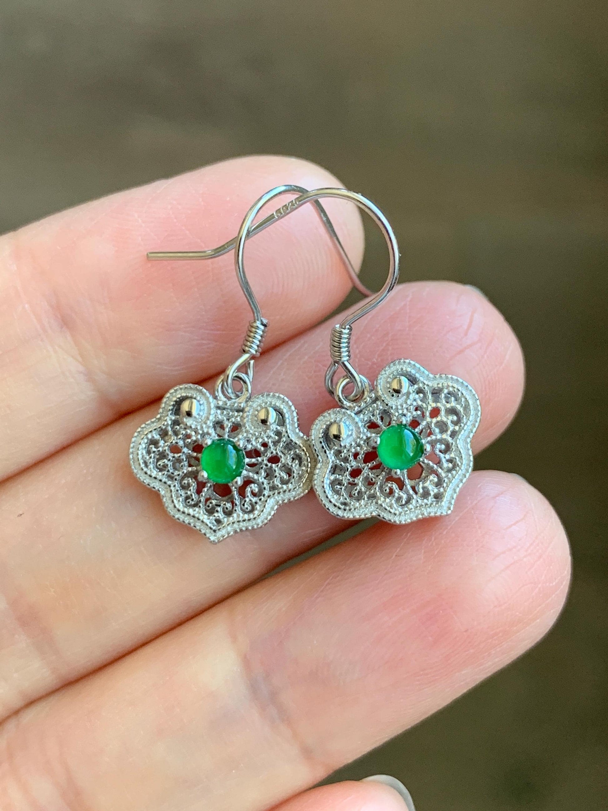 Natural Grade A Guatemalan Icy Translucent Vibrant Green Jade Jadeite Ruyi Dangle Earrings Sterling Silver 天然冰危绿翡翠蛋面如意银镶耳钩 LRY59