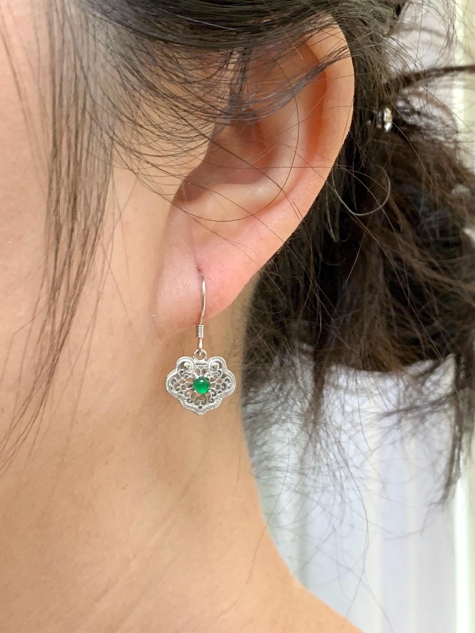 Natural Grade A Guatemalan Icy Translucent Vibrant Green Jade Jadeite Ruyi Dangle Earrings Sterling Silver 天然冰危绿翡翠蛋面如意银镶耳钩 LRY59