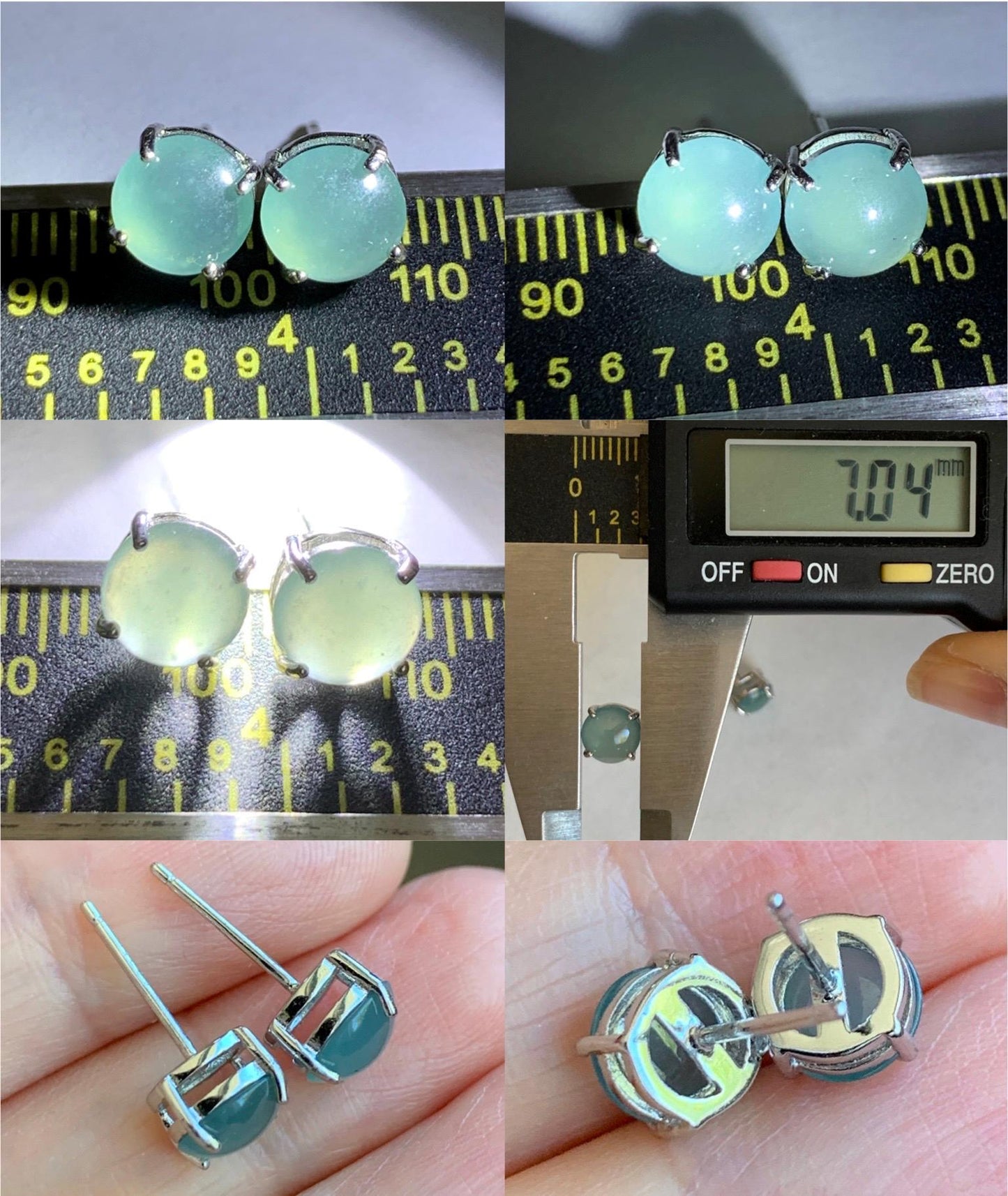 Natural Guatemalan Grade A Icy Translucent Light Teal Blue Jade Jadeite Round Stud Earrings Sterling Silver 7mm 天然冰危淡蓝翡翠蛋面银镶耳钉 WLZ66