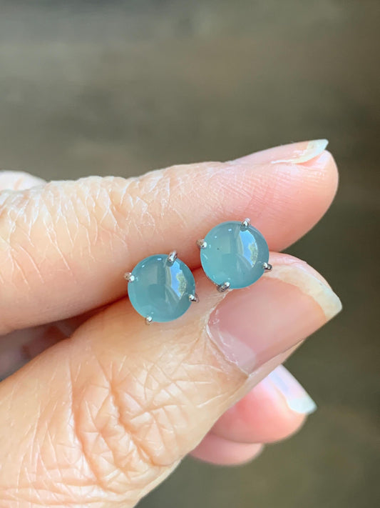 Natural Guatemalan Grade A Icy Translucent Light Teal Blue Jade Jadeite Round Stud Earrings Sterling Silver 7mm 天然冰危淡蓝翡翠蛋面银镶耳钉 WLZ66