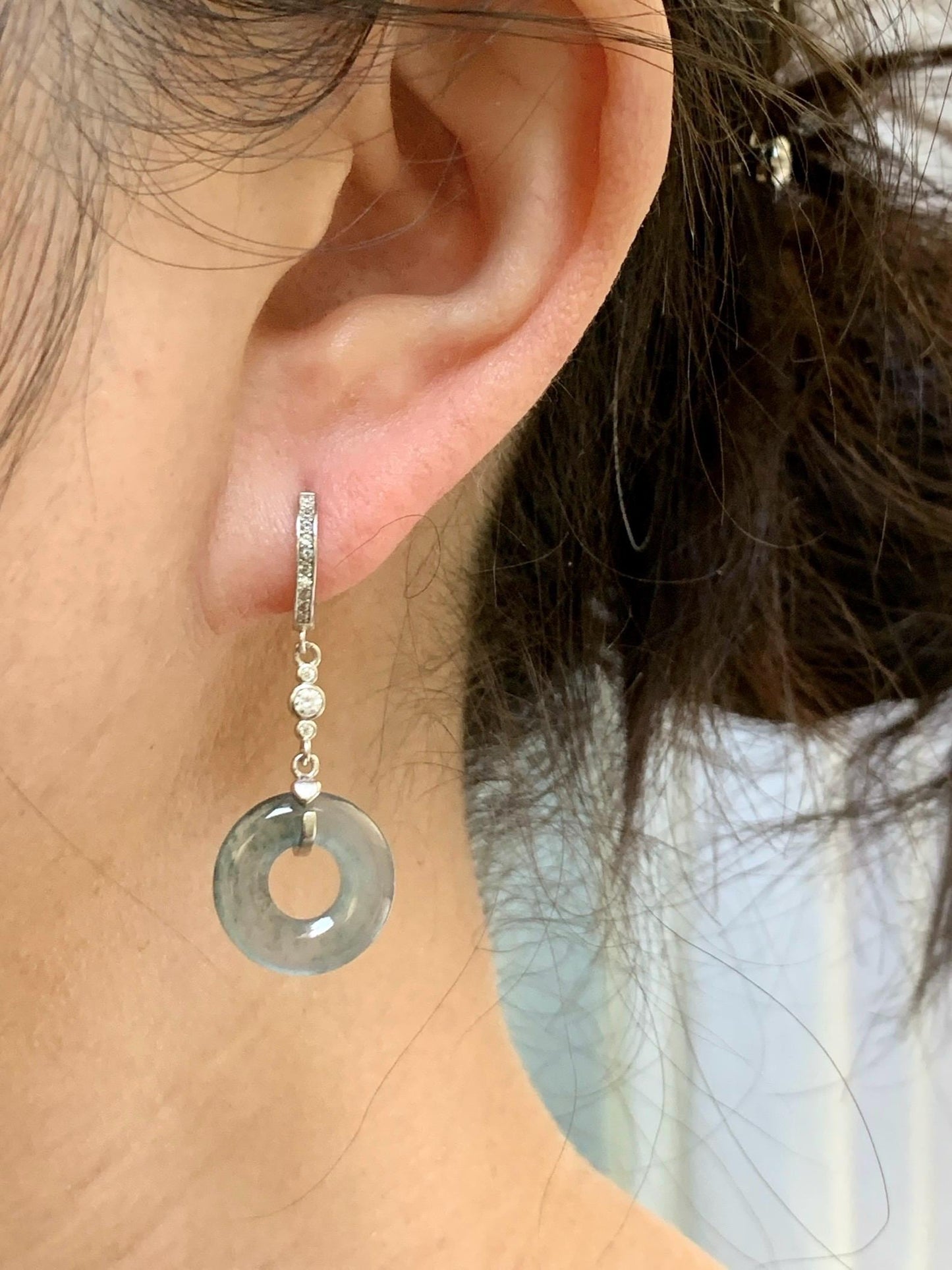 Natural Guatemalan Icy Highly Translucent Dusty Blue Jadeite Ping An Kou Donut Dangle Huggie Earrings Sterling Silver 天然冰危深蓝翡翠平安扣银耳包 BTSH150
