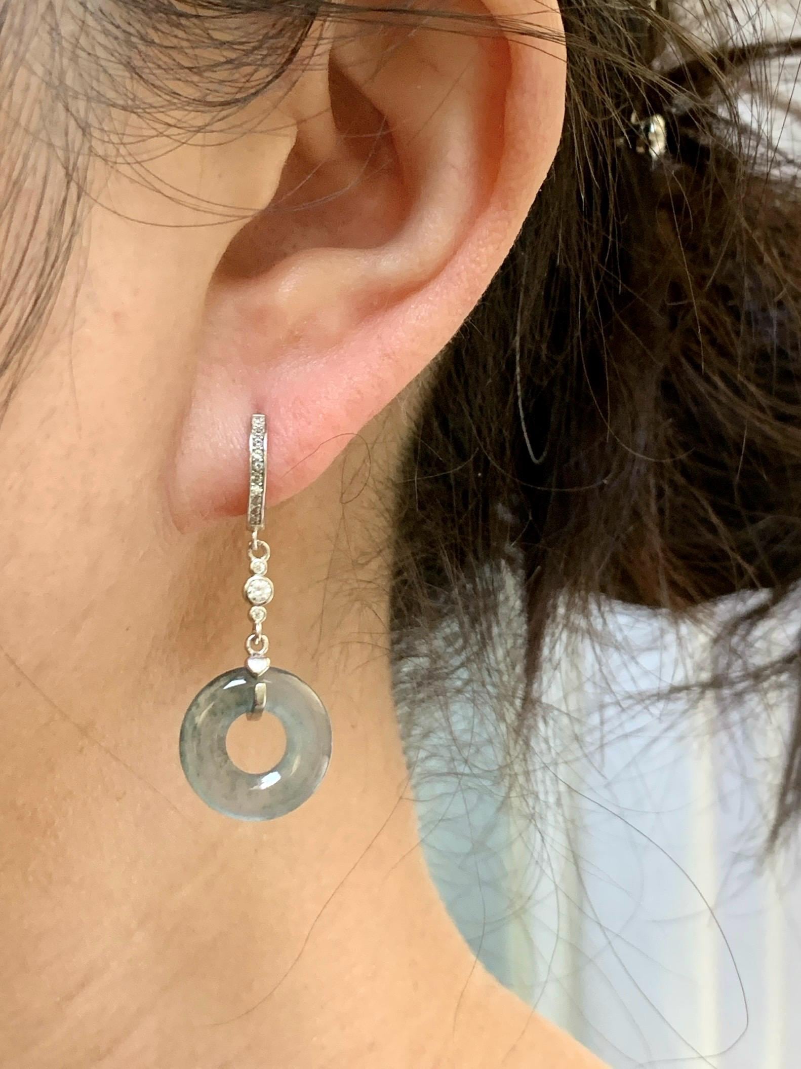 Natural Guatemalan Icy Highly Translucent Dusty Blue Jadeite Ping An Kou Donut Dangle Huggie Earrings Sterling Silver 天然冰危深蓝翡翠平安扣银耳包 BTSH150