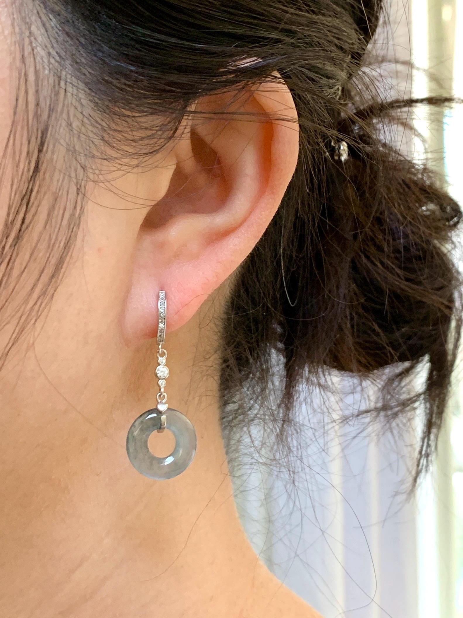 Natural Guatemalan Icy Highly Translucent Dusty Blue Jadeite Ping An Kou Donut Dangle Huggie Earrings Sterling Silver 天然冰危深蓝翡翠平安扣银耳包 BTSH150