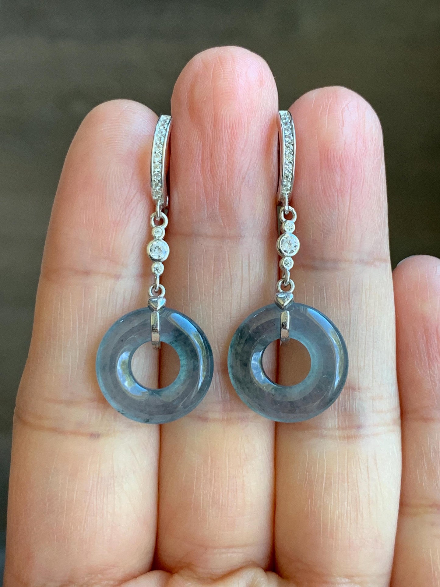Natural Guatemalan Icy Highly Translucent Dusty Blue Jadeite Ping An Kou Donut Dangle Huggie Earrings Sterling Silver 天然冰危深蓝翡翠平安扣银耳包 BTSH150