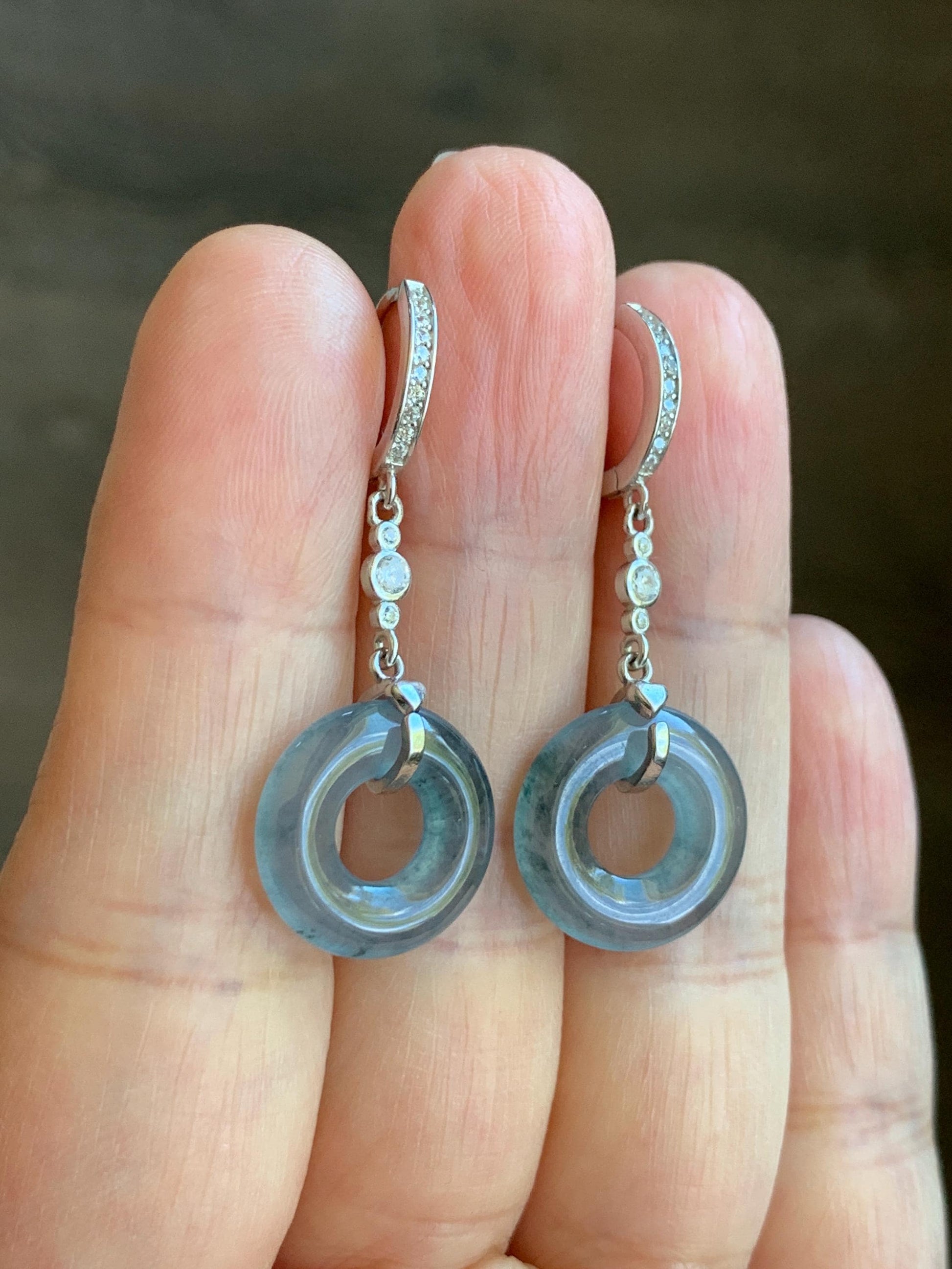 Natural Guatemalan Icy Highly Translucent Dusty Blue Jadeite Ping An Kou Donut Dangle Huggie Earrings Sterling Silver 天然冰危深蓝翡翠平安扣银耳包 BTSH150