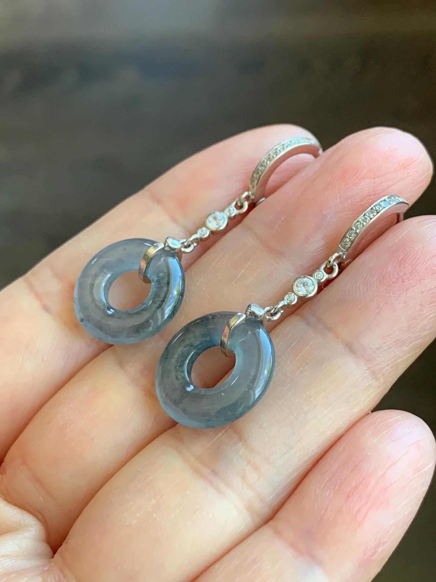 Natural Guatemalan Icy Highly Translucent Dusty Blue Jadeite Ping An Kou Donut Dangle Huggie Earrings Sterling Silver 天然冰危深蓝翡翠平安扣银耳包 BTSH150
