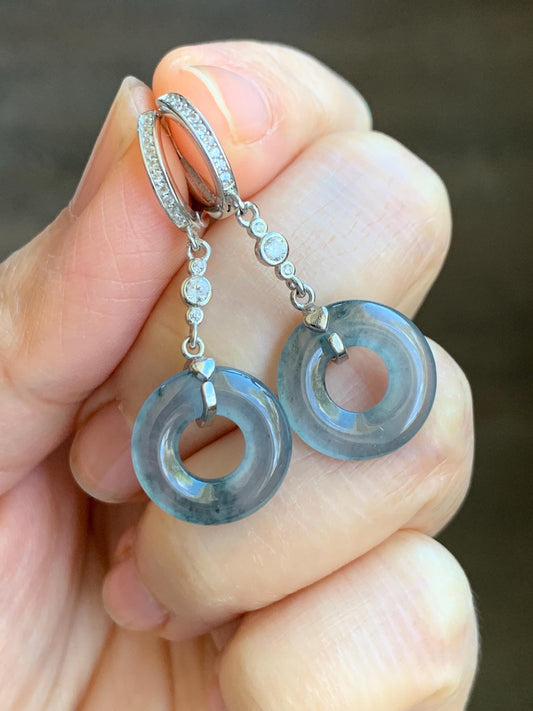 Natural Guatemalan Icy Highly Translucent Dusty Blue Jadeite Ping An Kou Donut Dangle Huggie Earrings Sterling Silver 天然冰危深蓝翡翠平安扣银耳包 BTSH150