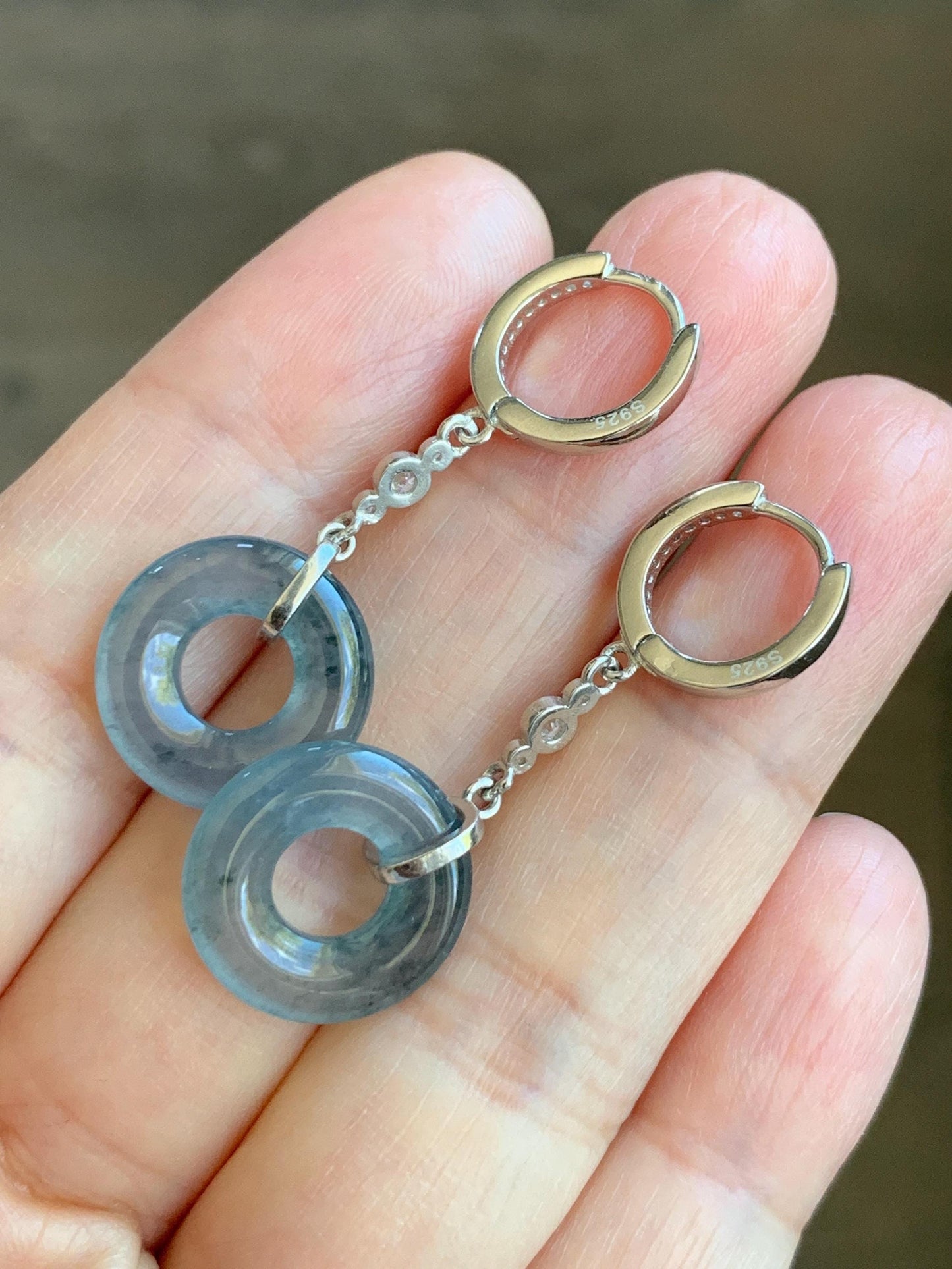 Natural Guatemalan Icy Highly Translucent Dusty Blue Jadeite Ping An Kou Donut Dangle Huggie Earrings Sterling Silver 天然冰危深蓝翡翠平安扣银耳包 BTSH150