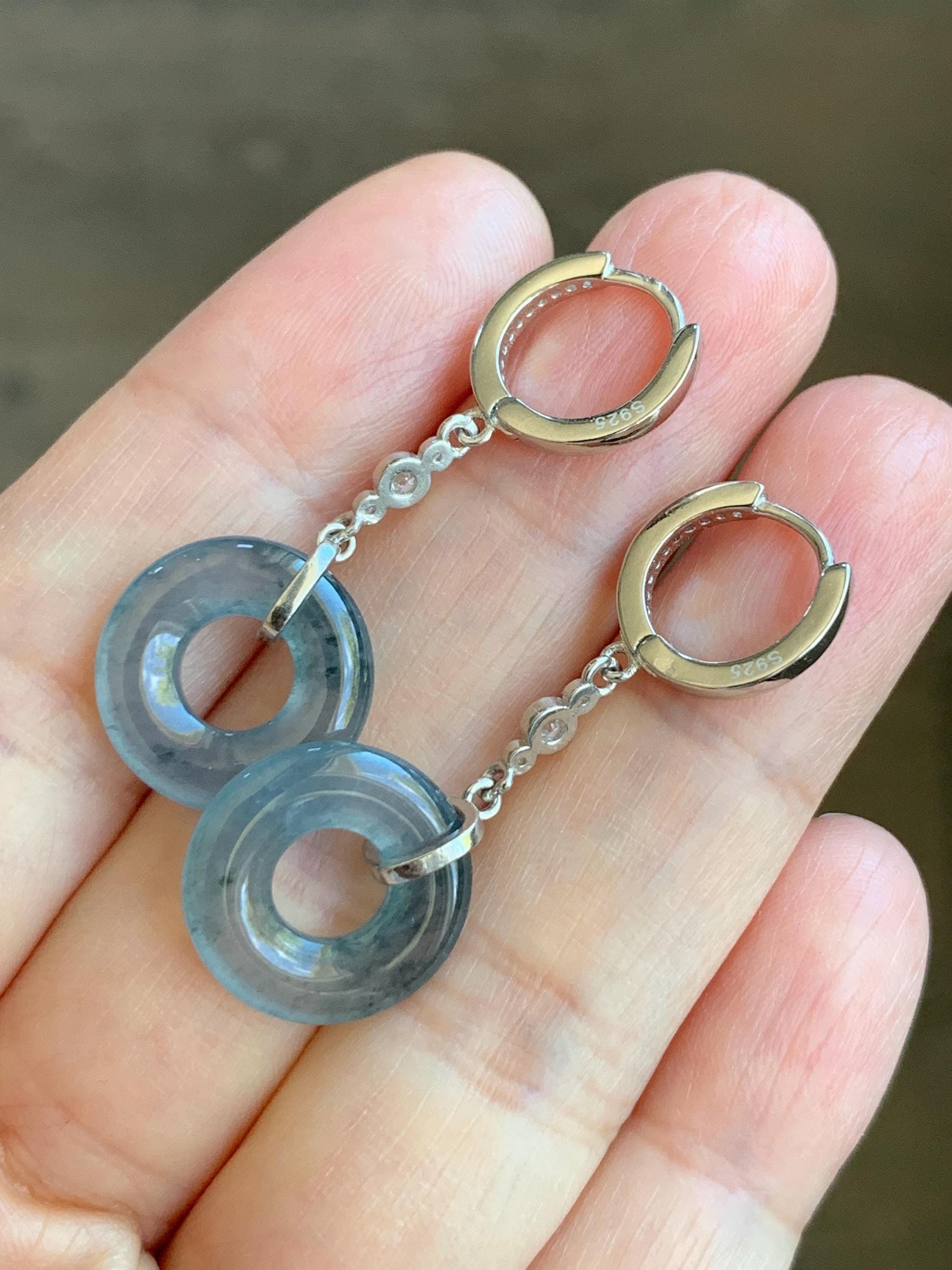 Natural Guatemalan Icy Highly Translucent Dusty Blue Jadeite Ping An Kou Donut Dangle Huggie Earrings Sterling Silver 天然冰危深蓝翡翠平安扣银耳包 BTSH150