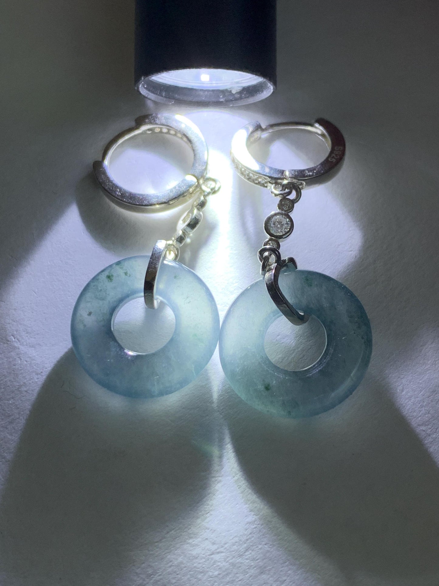 Natural Guatemalan Icy Highly Translucent Dusty Blue Jadeite Ping An Kou Donut Dangle Huggie Earrings Sterling Silver 天然冰危深蓝翡翠平安扣银耳包 BTSH150