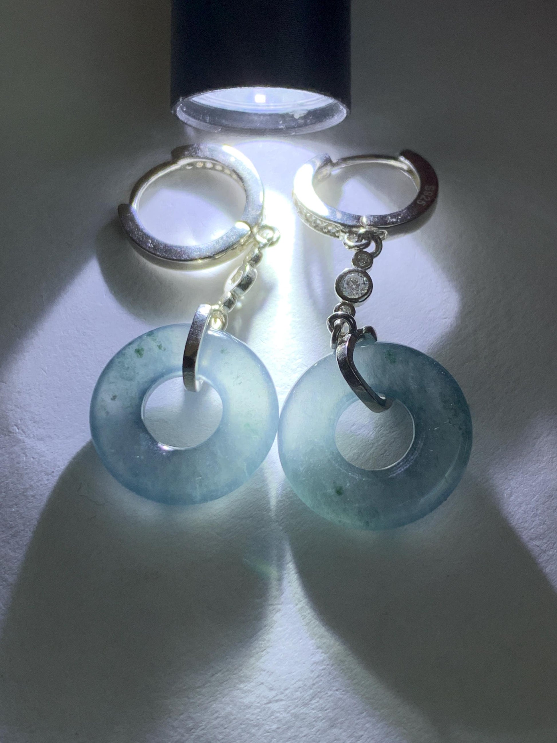 Natural Guatemalan Icy Highly Translucent Dusty Blue Jadeite Ping An Kou Donut Dangle Huggie Earrings Sterling Silver 天然冰危深蓝翡翠平安扣银耳包 BTSH150