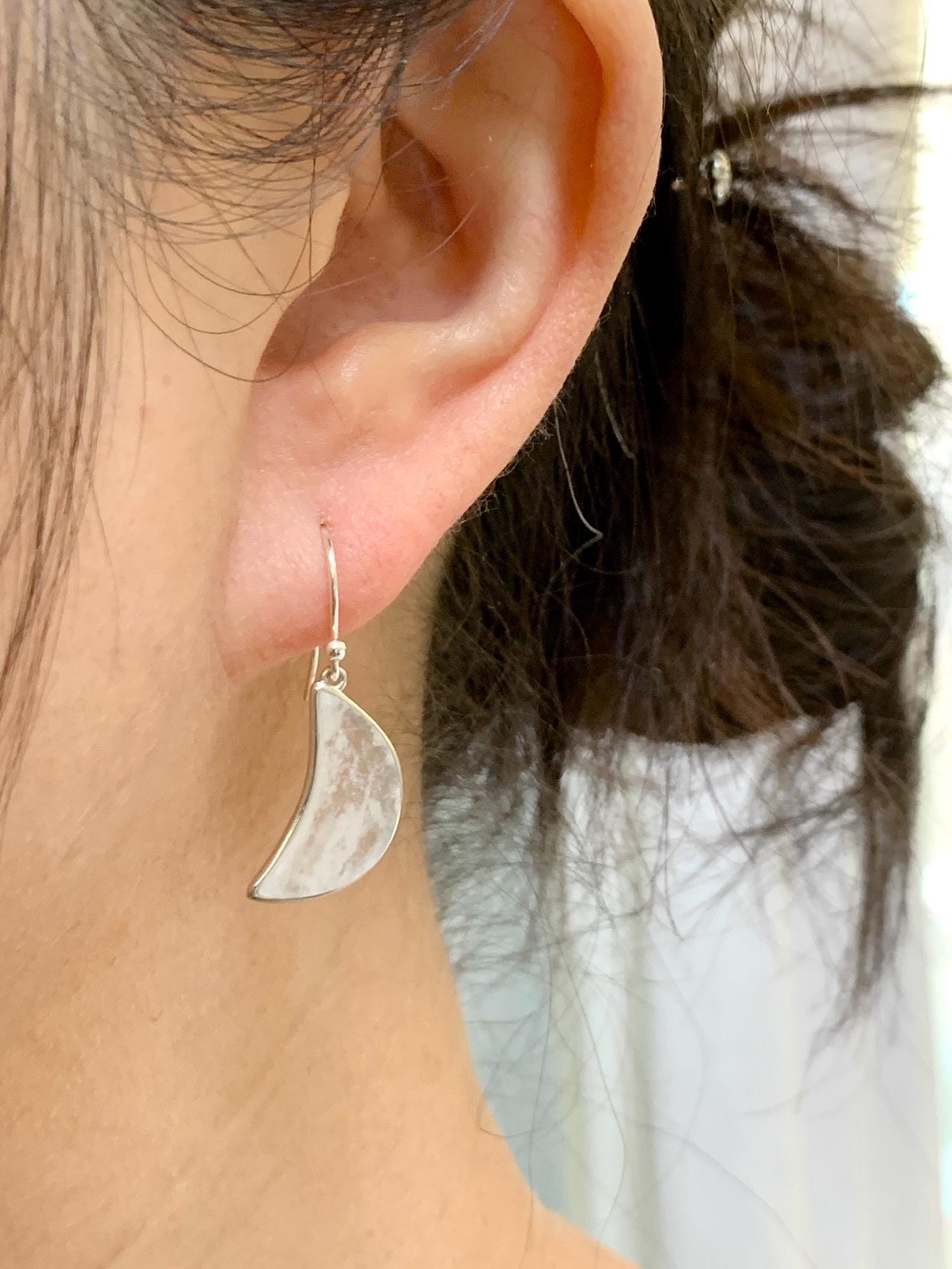 Natural Grade A Premium Icy Transparent Clear Jade Jadeite w/ White Marbling Moon Dangle Earrings Sterling Silver 3g 天然冰透雪花棉翡翠月亮镶嵌耳钩 MWH55