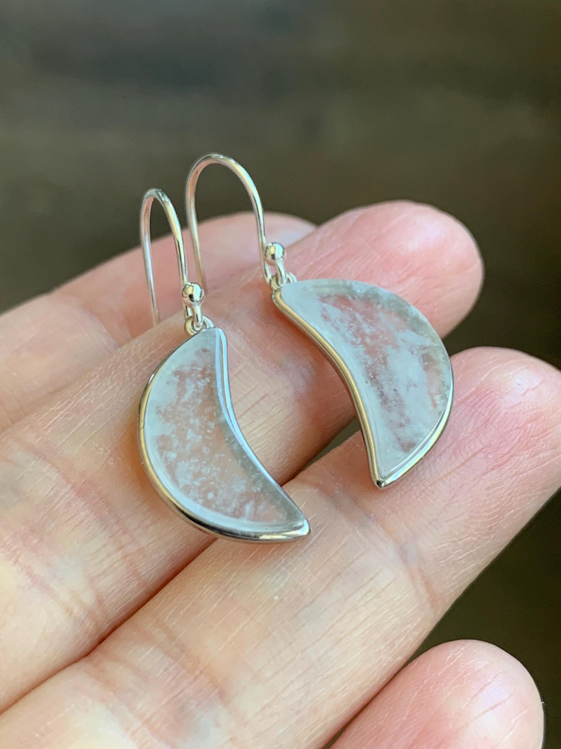 Natural Grade A Premium Icy Transparent Clear Jade Jadeite w/ White Marbling Moon Dangle Earrings Sterling Silver 3g 天然冰透雪花棉翡翠月亮镶嵌耳钩 MWH55