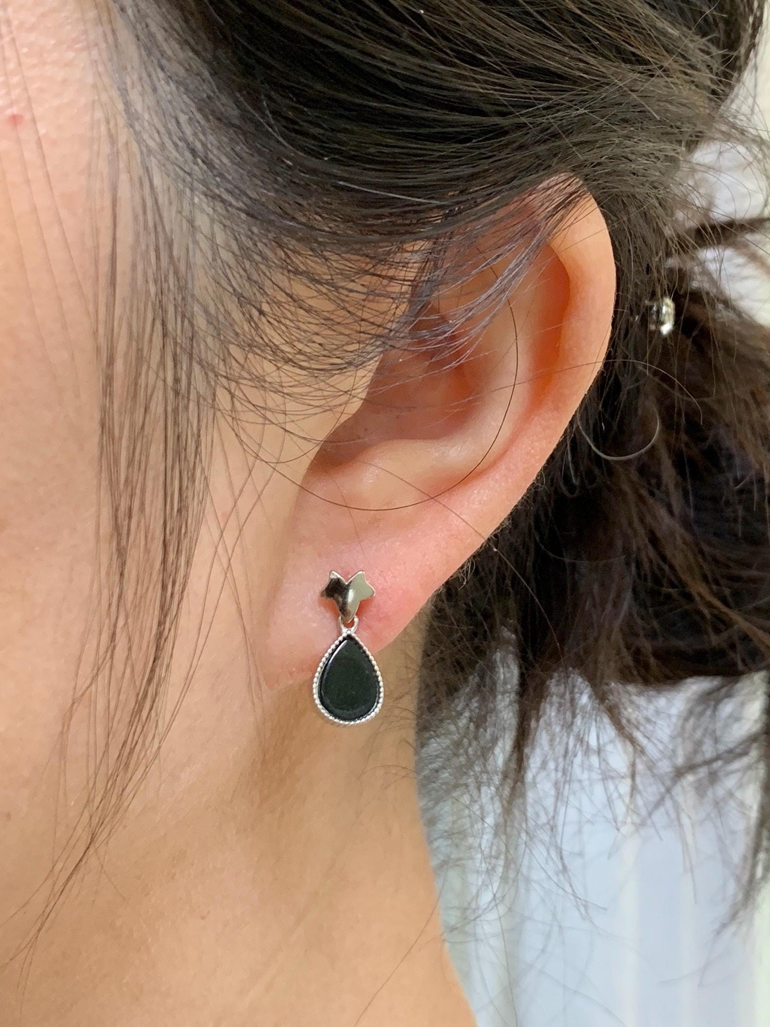 Natural Grade A Translucent Black Jade Jadeite Teardrop Design Stud Earrings Sterling Silver & Rose Gold Finish 天然透绿墨翠翡翠水滴银镶耳钉 SDM110