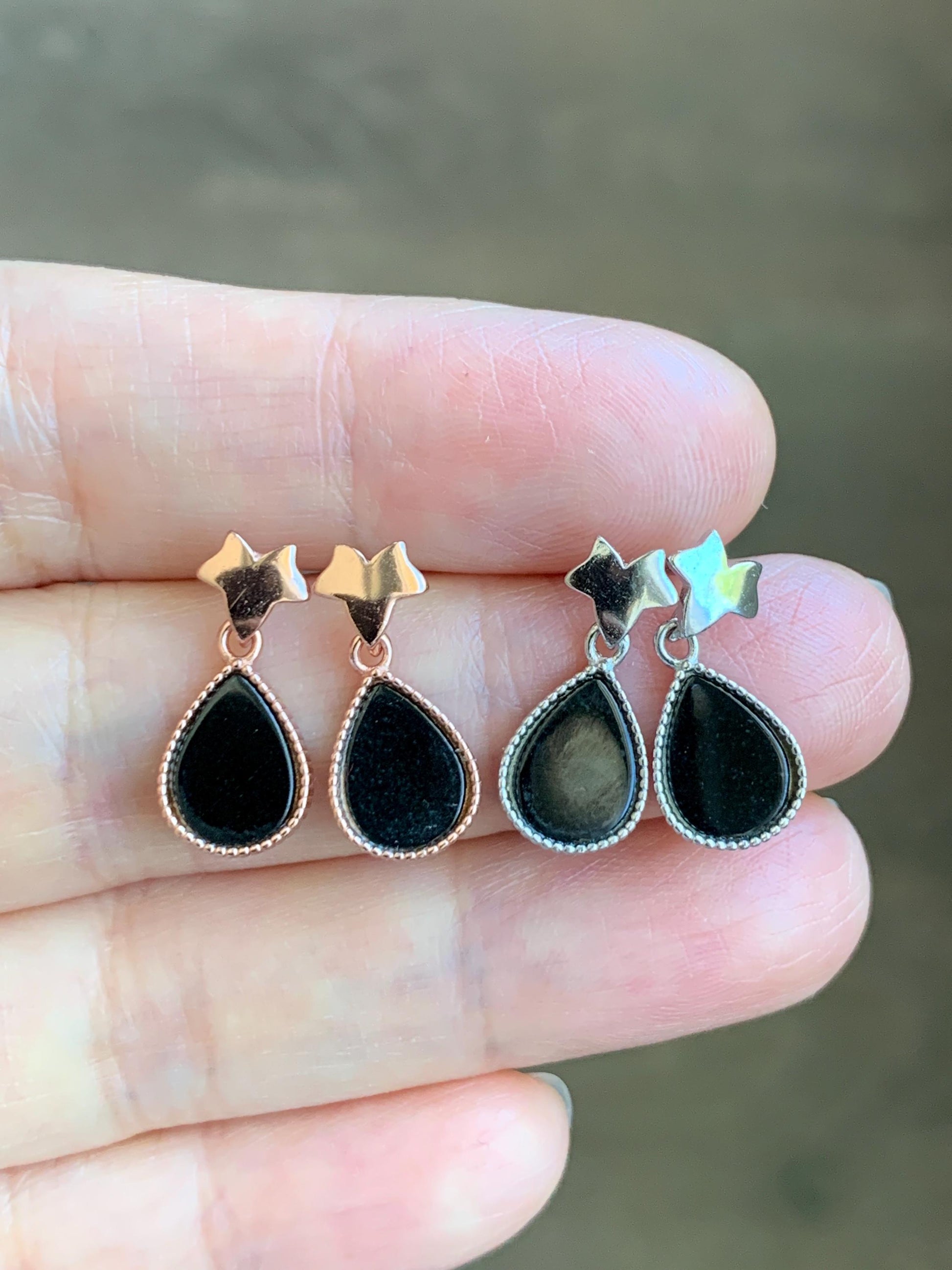 Natural Grade A Translucent Black Jade Jadeite Teardrop Design Stud Earrings Sterling Silver & Rose Gold Finish 天然透绿墨翠翡翠水滴银镶耳钉 SDM110