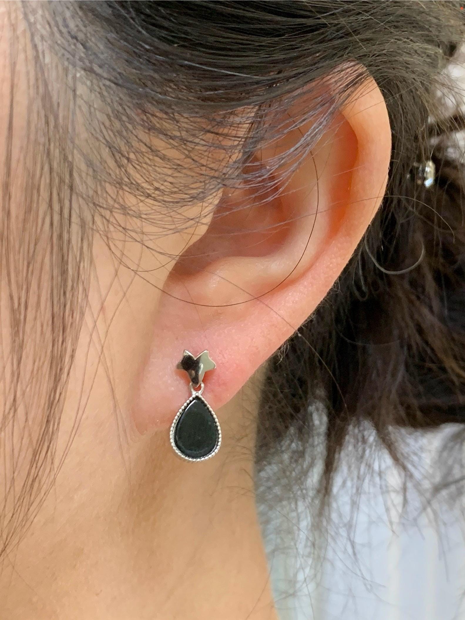 Natural Grade A Translucent Black Jade Jadeite Teardrop Design Stud Earrings Sterling Silver & Rose Gold Finish 天然透绿墨翠翡翠水滴银镶耳钉 SDM110