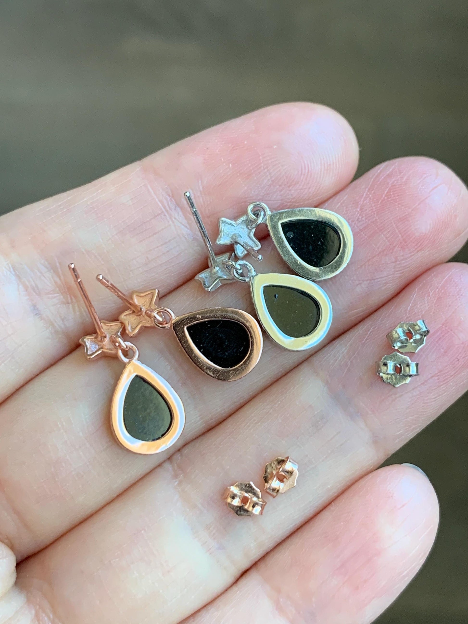 Natural Grade A Translucent Black Jade Jadeite Teardrop Design Stud Earrings Sterling Silver & Rose Gold Finish 天然透绿墨翠翡翠水滴银镶耳钉 SDM110