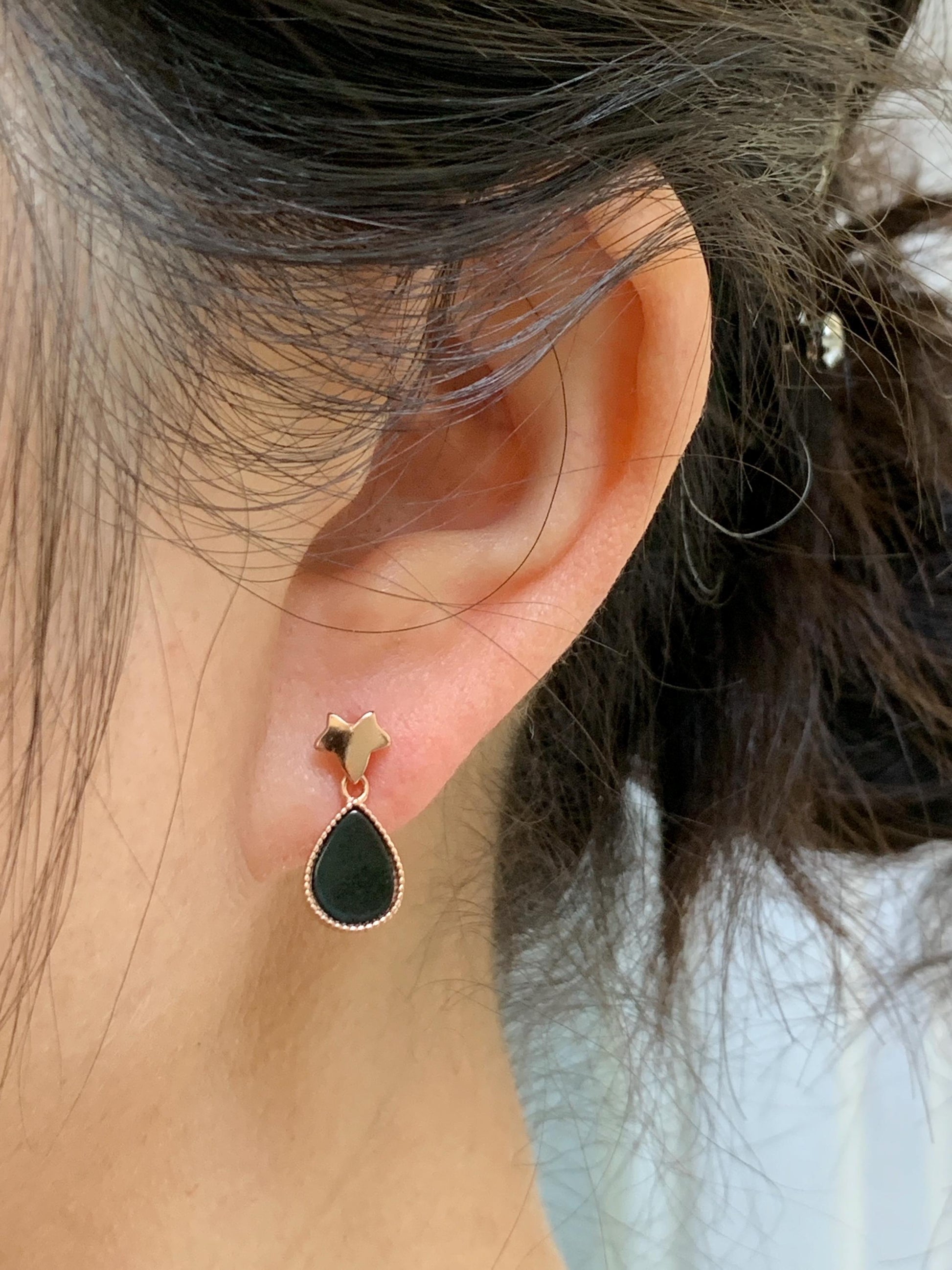 Natural Grade A Translucent Black Jade Jadeite Teardrop Design Stud Earrings Sterling Silver & Rose Gold Finish 天然透绿墨翠翡翠水滴银镶耳钉 SDM110