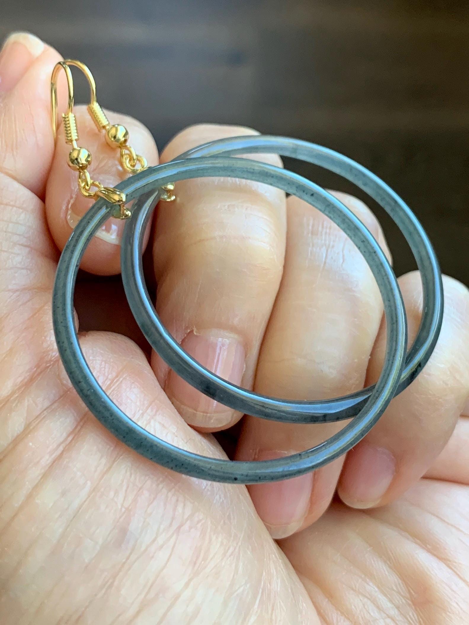 Natural Guatemalan Grade A Icy Highly Translucent Wuji Jade Jadeite Ring Large Hoop Dangle Earrings 14K Gold Plated 天然A货冰危乌鸡翡翠圈包金耳吊 WJD316J