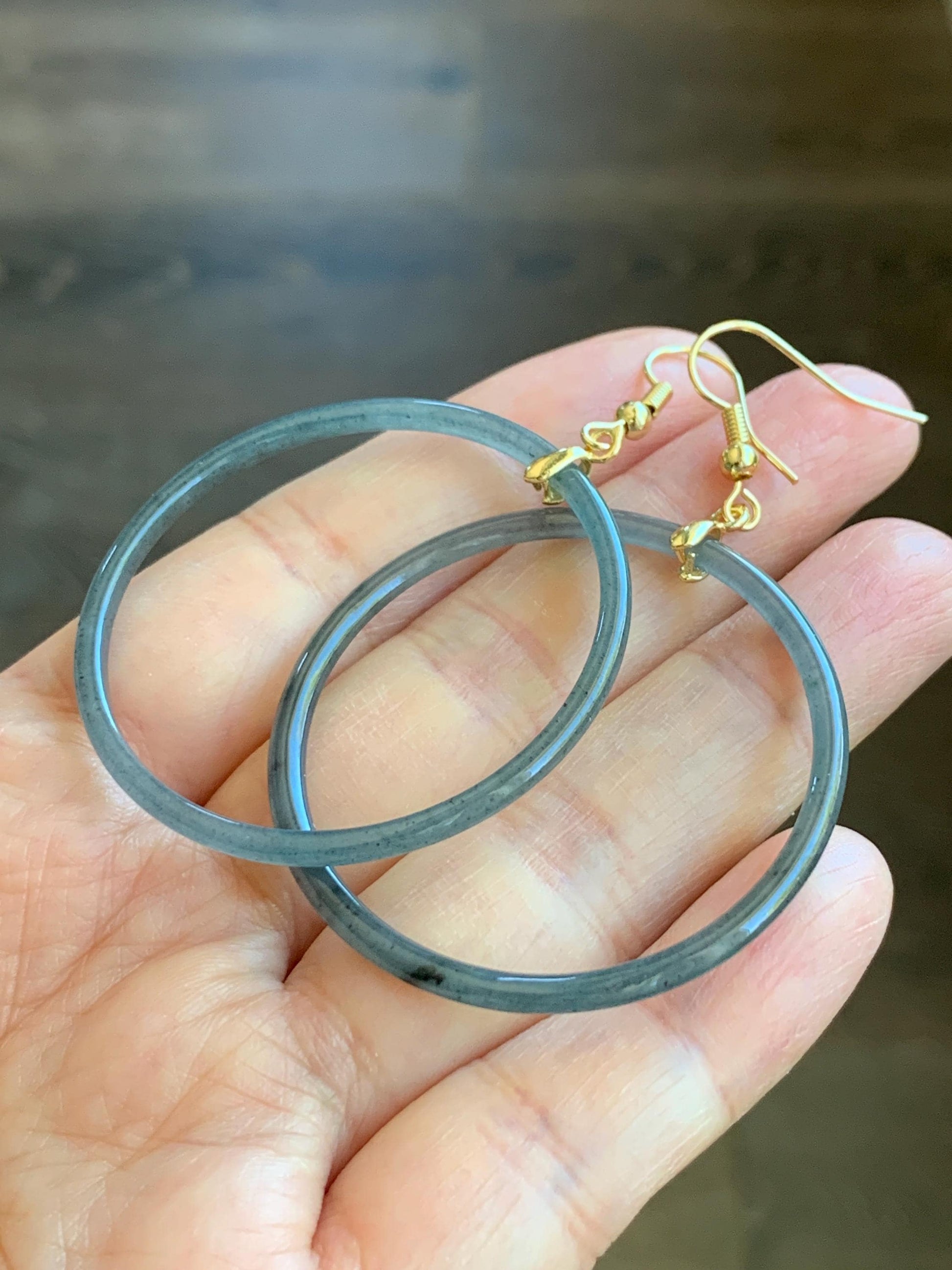 Natural Guatemalan Grade A Icy Highly Translucent Wuji Jade Jadeite Ring Large Hoop Dangle Earrings 14K Gold Plated 天然A货冰危乌鸡翡翠圈包金耳吊 WJD316J