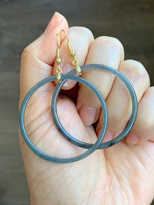 Natural Guatemalan Grade A Icy Highly Translucent Wuji Jade Jadeite Ring Large Hoop Dangle Earrings 14K Gold Plated 天然A货冰危乌鸡翡翠圈包金耳吊 WJD316J