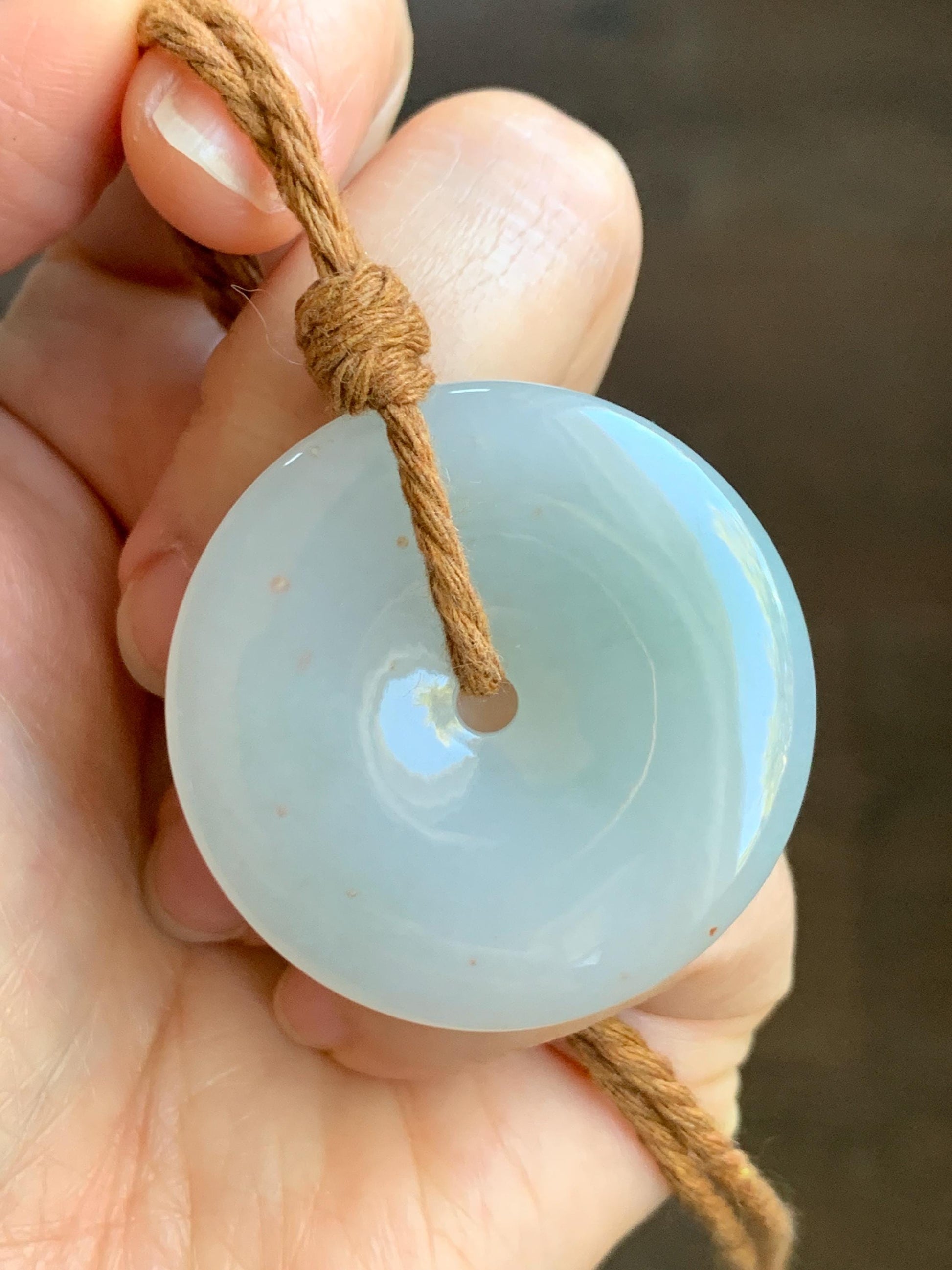 Natural Grade A Icy Translucent Gelatinous Pastel Blue Jadeite Large Ping An Kou Donut Pendant Rope Necklace 25” 23g 天然冰胶蓝底撒金翡翠平安扣吊坠 XFR330