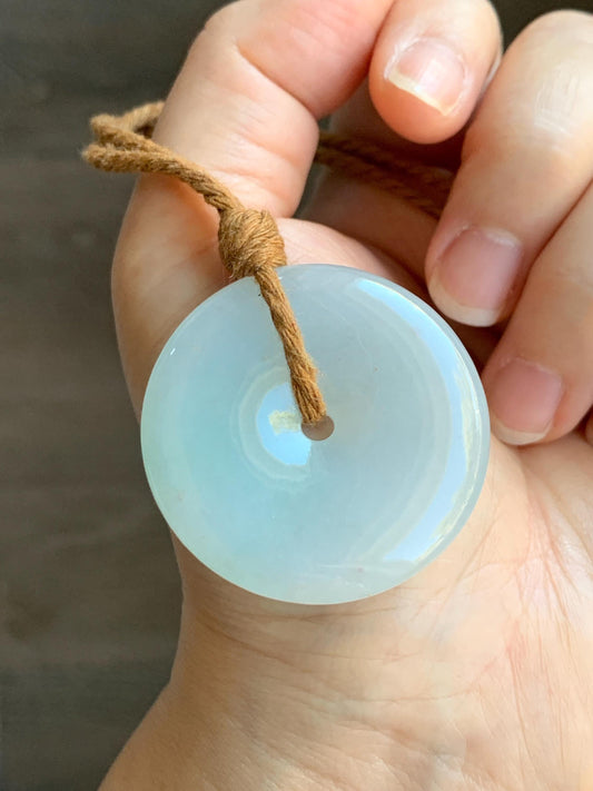 Natural Grade A Icy Translucent Gelatinous Pastel Blue Jadeite Large Ping An Kou Donut Pendant Rope Necklace 25” 23g 天然冰胶蓝底撒金翡翠平安扣吊坠 XFR330