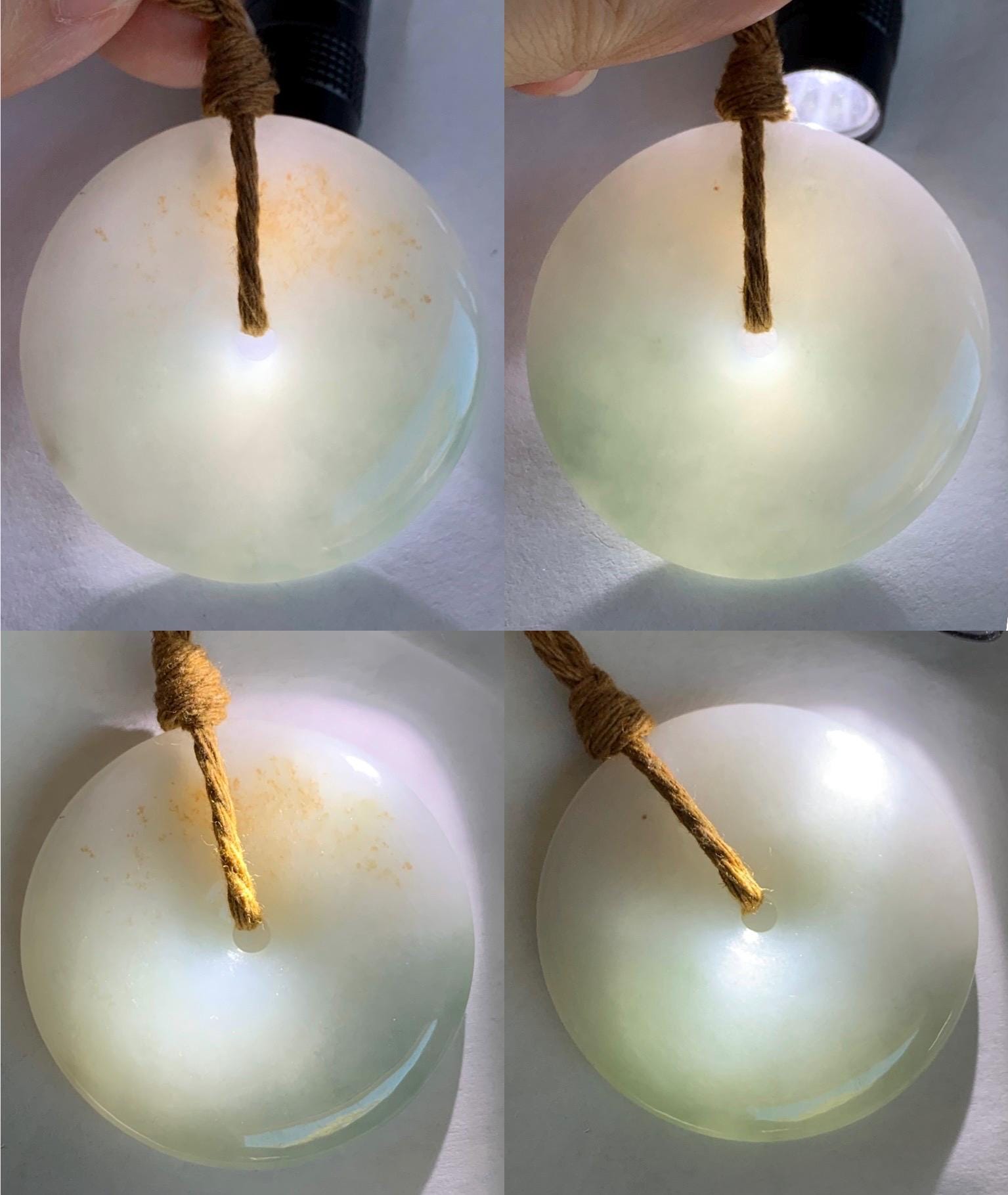 Natural Grade A Icy Translucent Gelatinous Pastel Blue Jadeite Large Ping An Kou Donut Pendant Rope Necklace 25” 34g 天然冰胶蓝底撒金翡翠平安扣吊坠 DFR330