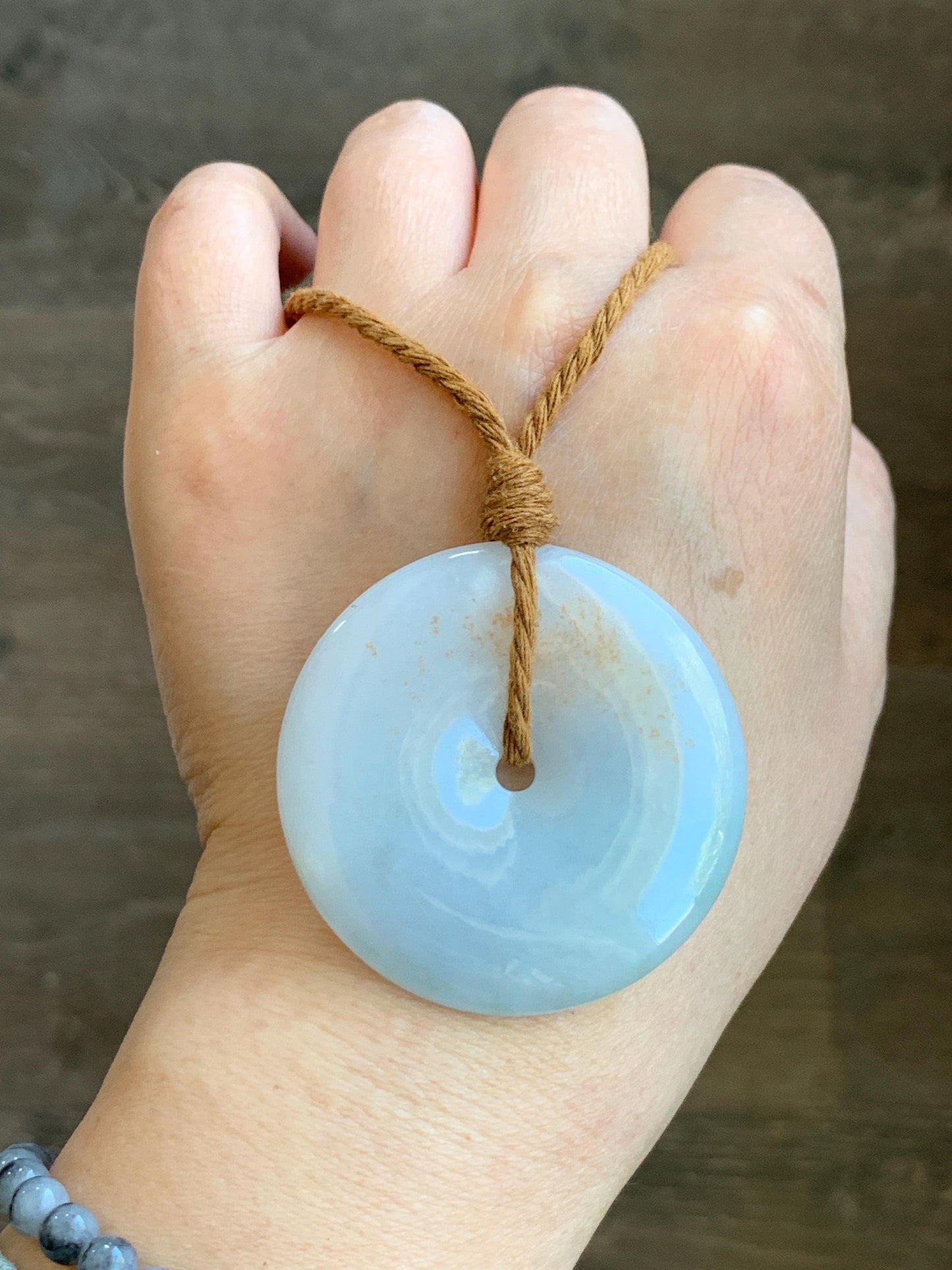 Natural Grade A Icy Translucent Gelatinous Pastel Blue Jadeite Large Ping An Kou Donut Pendant Rope Necklace 25” 34g 天然冰胶蓝底撒金翡翠平安扣吊坠 DFR330