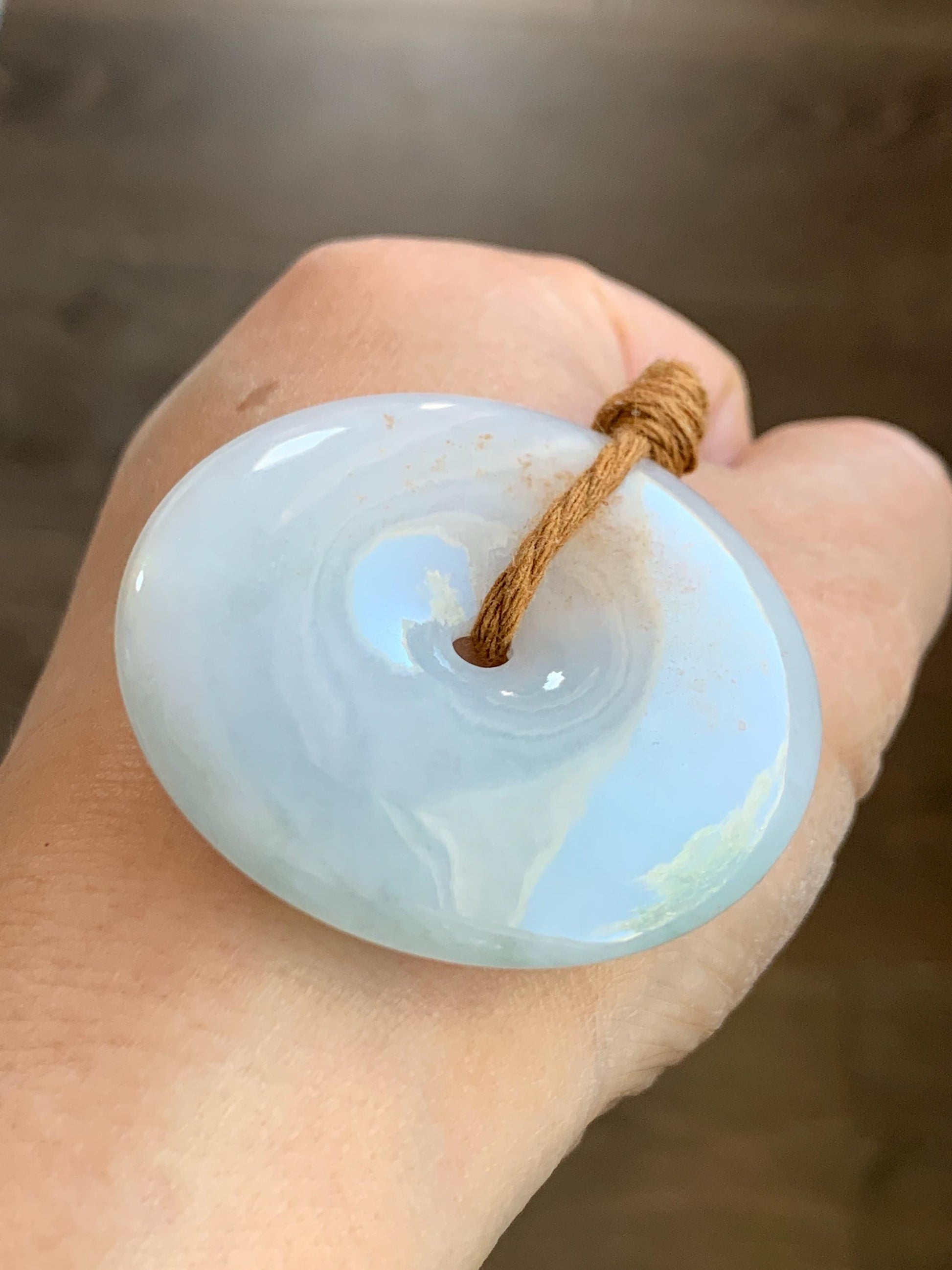 Natural Grade A Icy Translucent Gelatinous Pastel Blue Jadeite Large Ping An Kou Donut Pendant Rope Necklace 25” 34g 天然冰胶蓝底撒金翡翠平安扣吊坠 DFR330