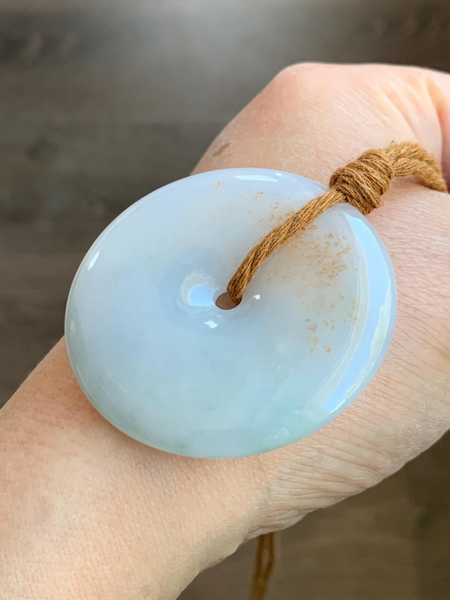 Natural Grade A Icy Translucent Gelatinous Pastel Blue Jadeite Large Ping An Kou Donut Pendant Rope Necklace 25” 34g 天然冰胶蓝底撒金翡翠平安扣吊坠 DFR330