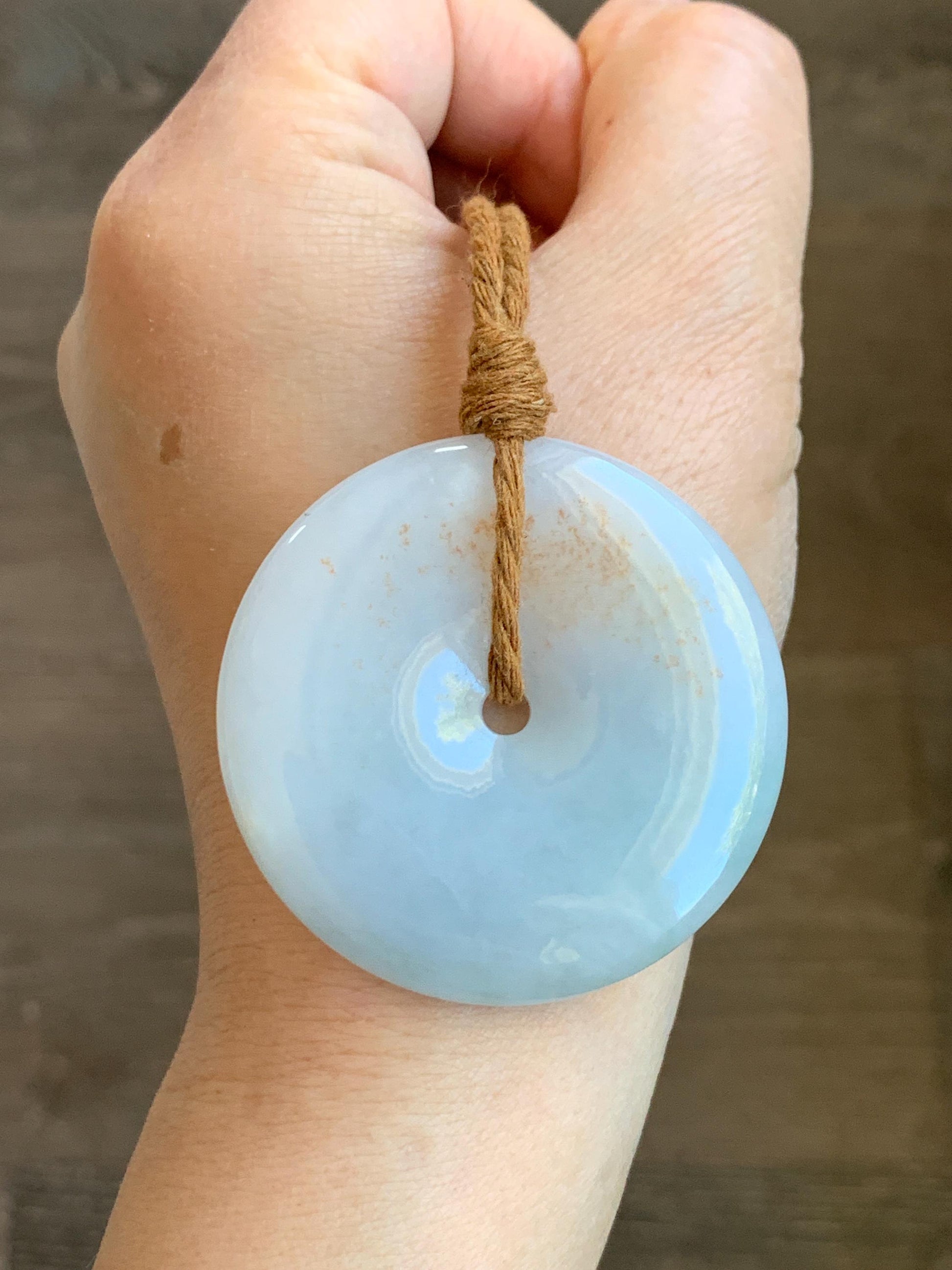 Natural Grade A Icy Translucent Gelatinous Pastel Blue Jadeite Large Ping An Kou Donut Pendant Rope Necklace 25” 34g 天然冰胶蓝底撒金翡翠平安扣吊坠 DFR330