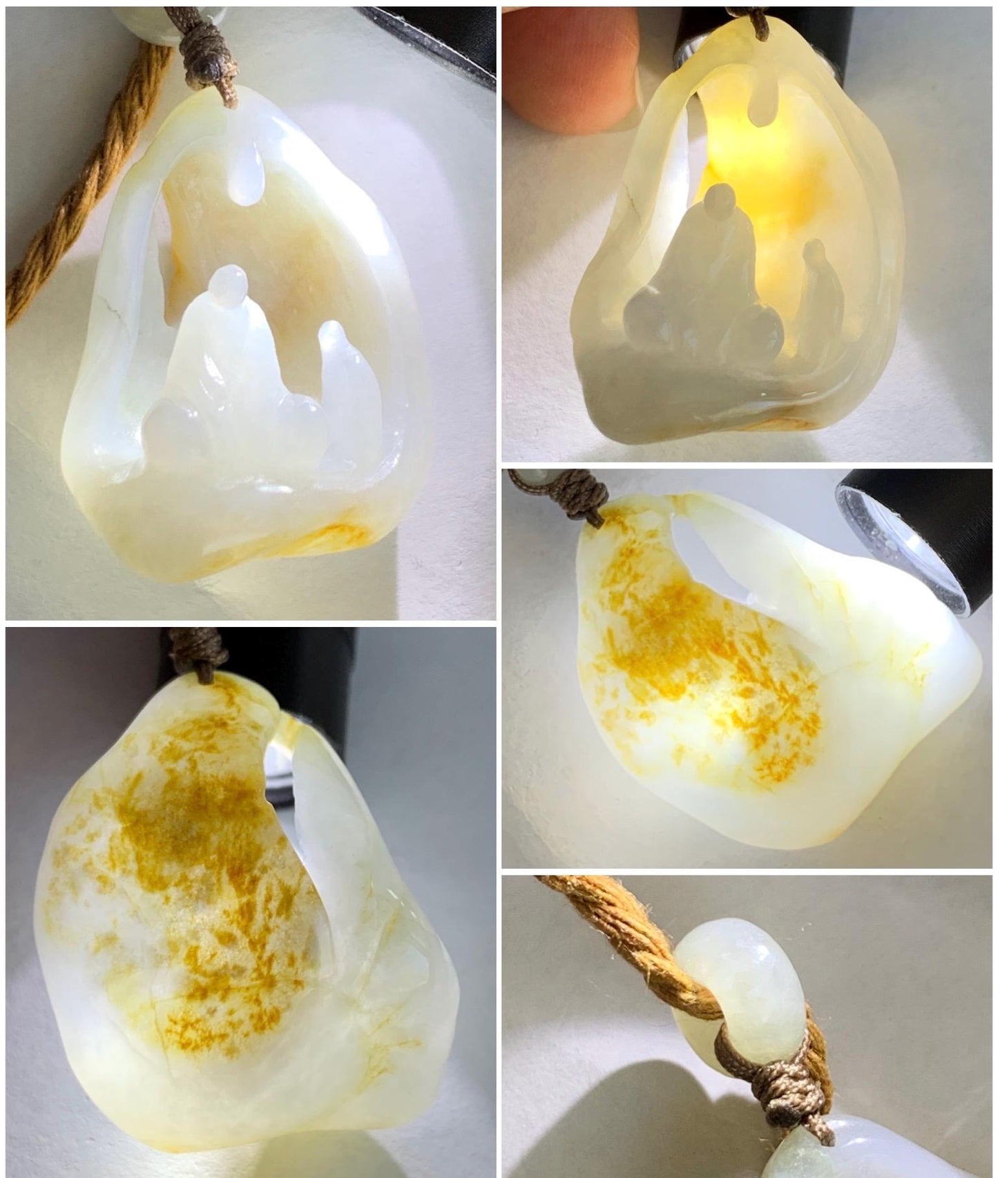 Natural Grade A Icy Translucent Gelatinous White & Dark Yellow Marbled Jadeite Wu Dao Enlightenment Pendant Rope Pendant 24" 天然冰胶飘黄翡翠悟道吊坠挂件