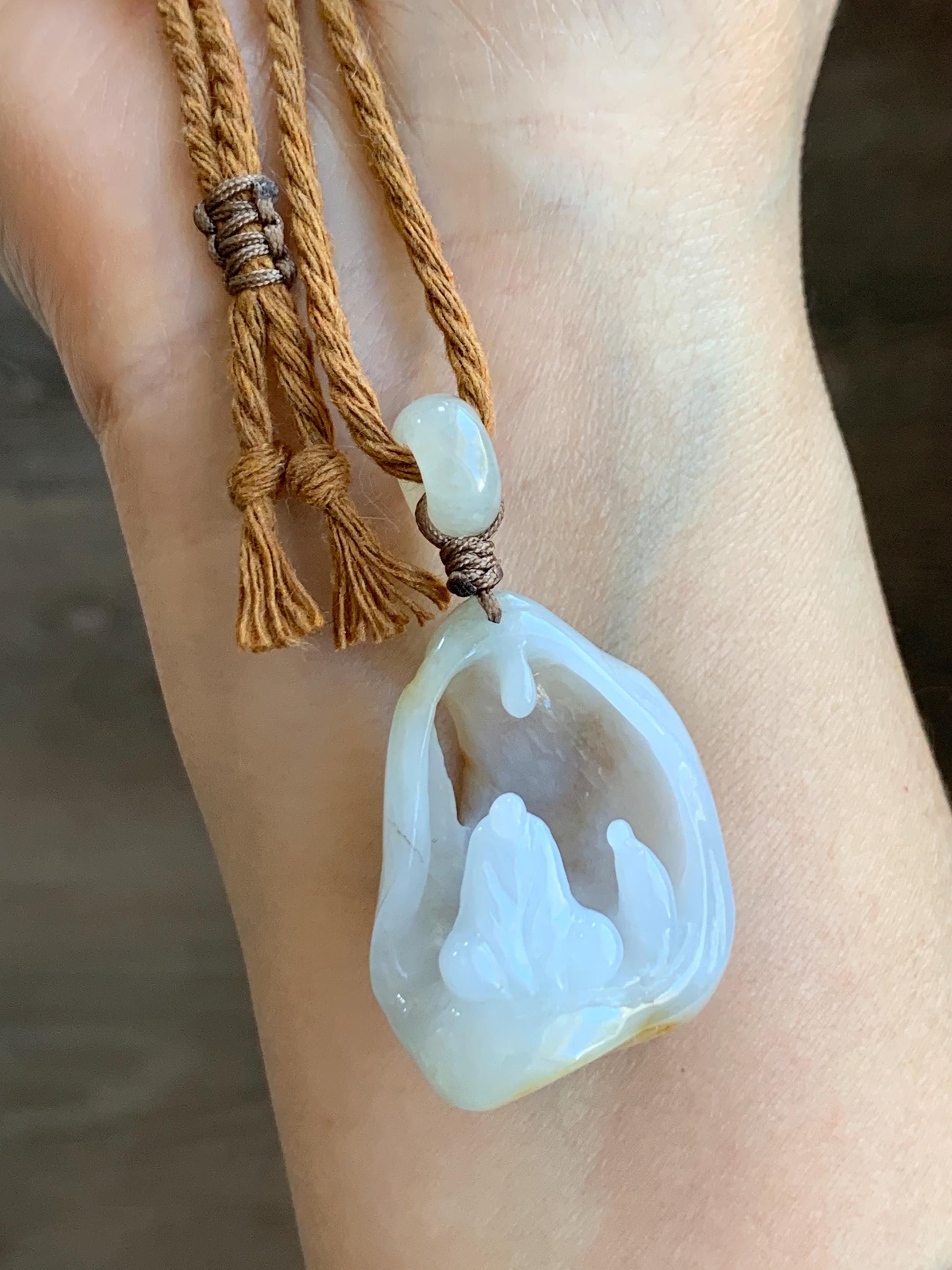 Natural Grade A Icy Translucent Gelatinous White & Dark Yellow Marbled Jadeite Wu Dao Enlightenment Pendant Rope Pendant 24" 天然冰胶飘黄翡翠悟道吊坠挂件