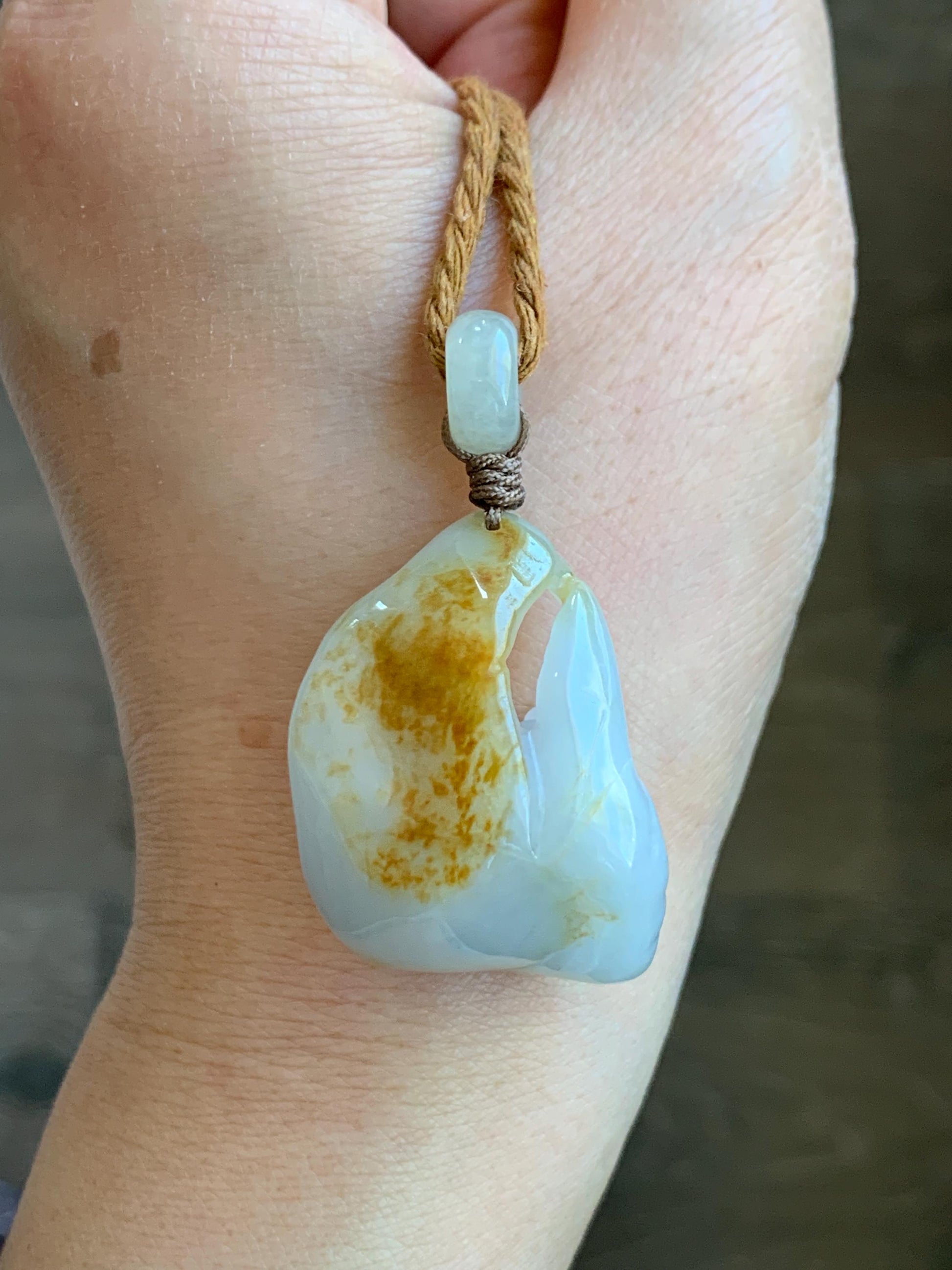 Natural Grade A Icy Translucent Gelatinous White & Dark Yellow Marbled Jadeite Wu Dao Enlightenment Pendant Rope Pendant 24" 天然冰胶飘黄翡翠悟道吊坠挂件