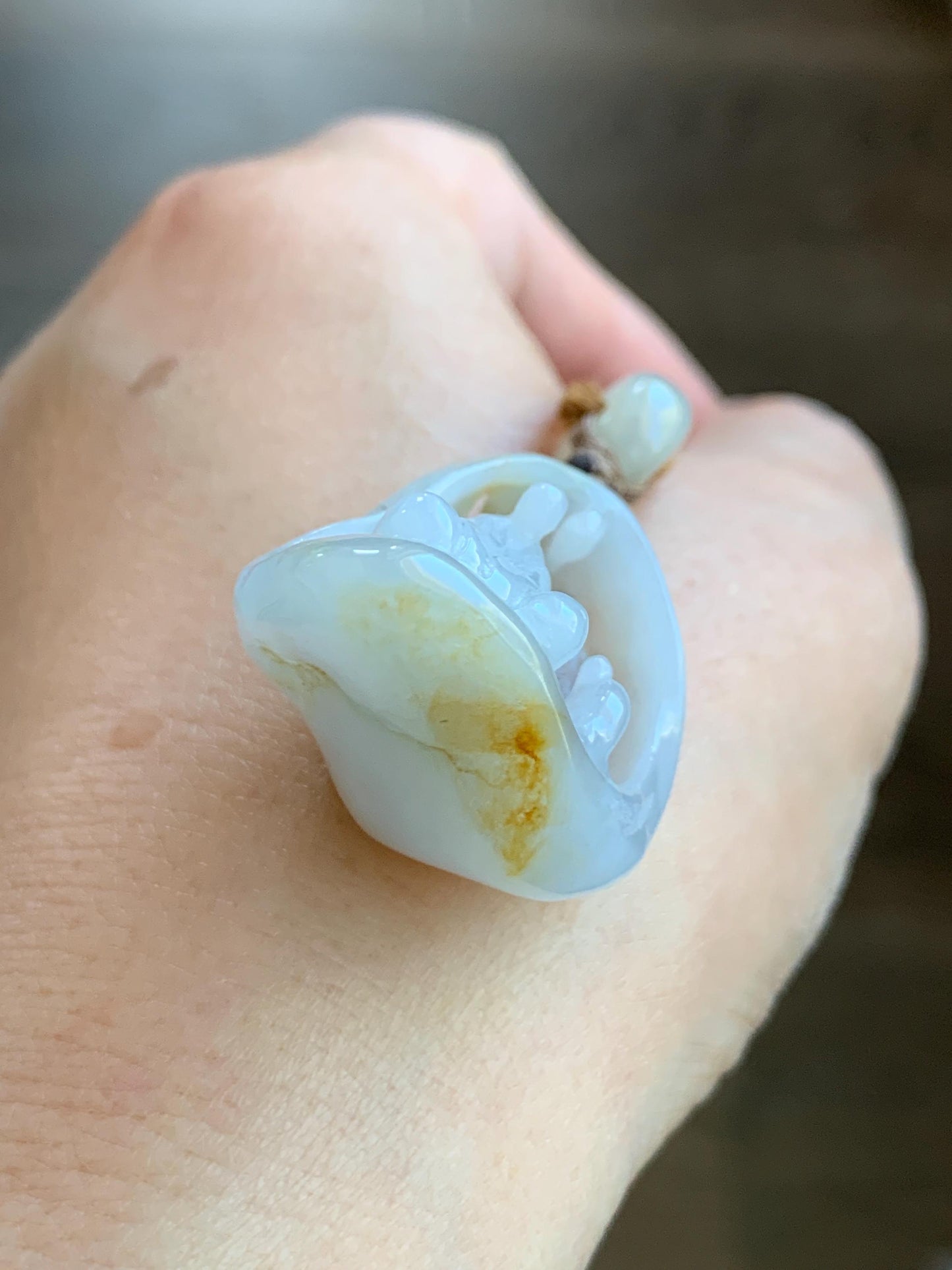 Natural Grade A Icy Translucent Gelatinous White & Dark Yellow Marbled Jadeite Wu Dao Enlightenment Pendant Rope Pendant 24" 天然冰胶飘黄翡翠悟道吊坠挂件